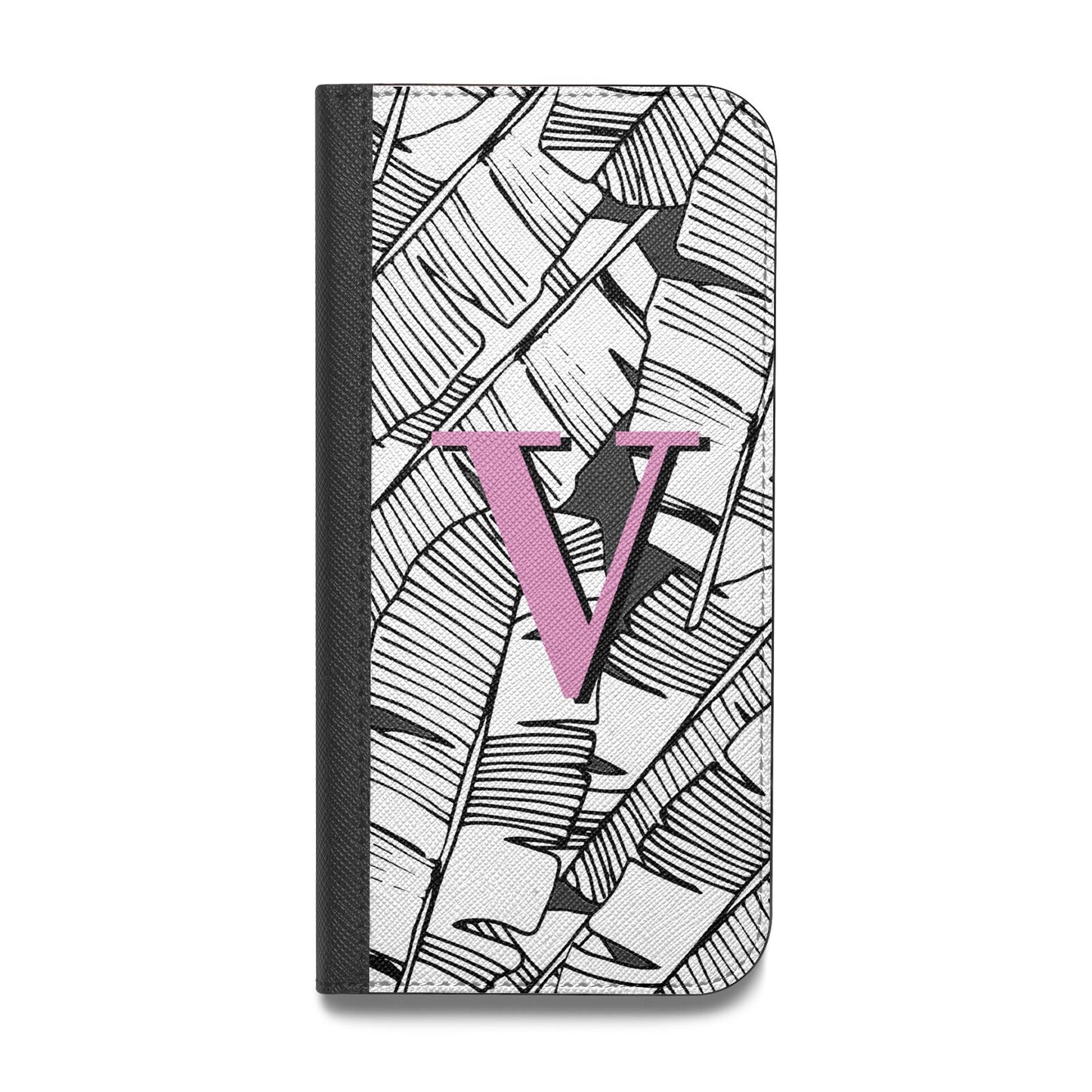 Personalised Monochrome Monstera Pink Initial Vegan Leather Flip iPhone Case
