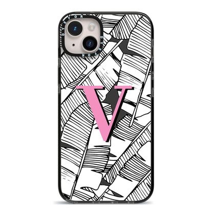 Personalised Monochrome Monstera Pink Initial iPhone 14 Plus Black Impact Case on Silver phone