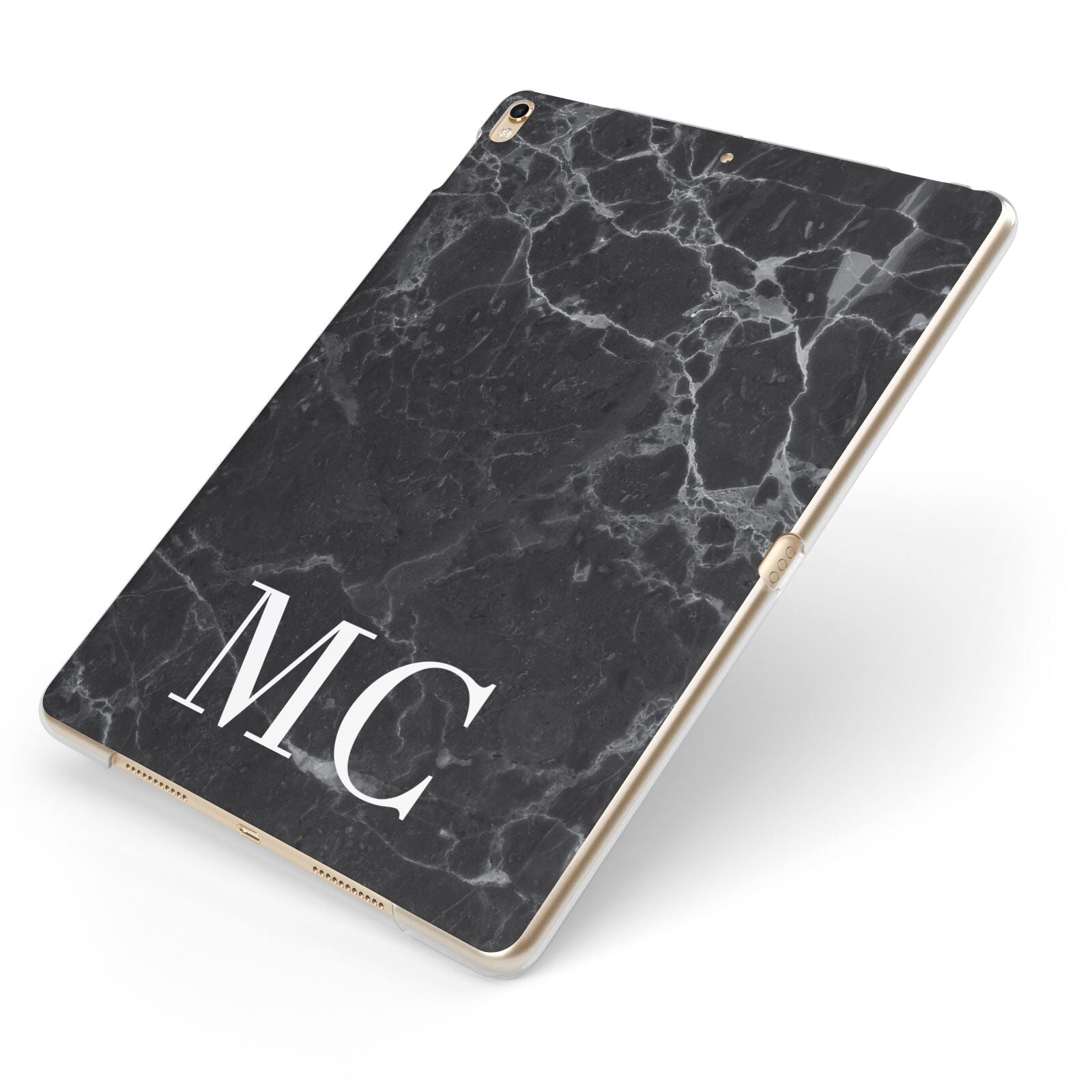 Personalised Monogram Black Marble Apple iPad Case on Gold iPad Side View