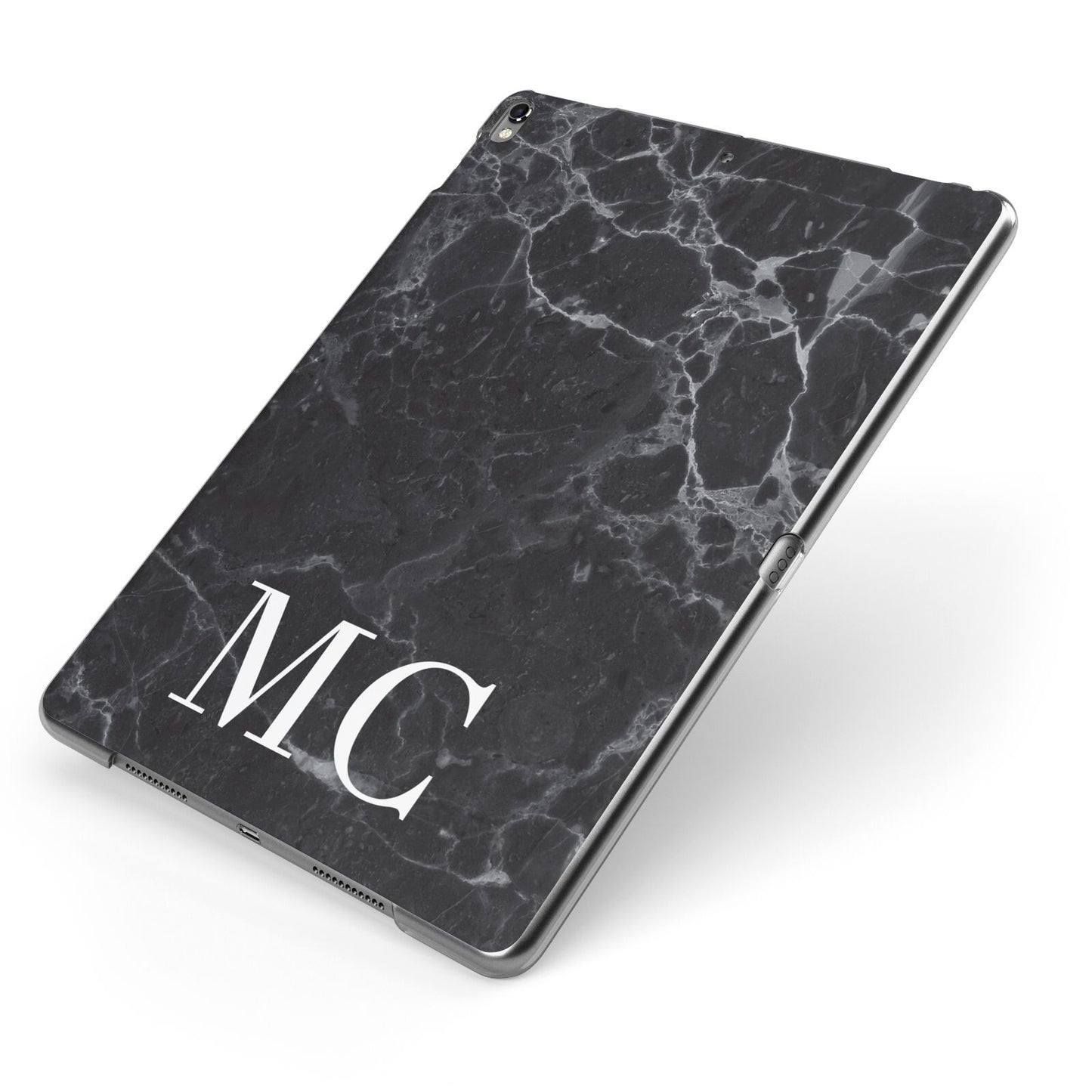 Personalised Monogram Black Marble Apple iPad Case on Grey iPad Side View