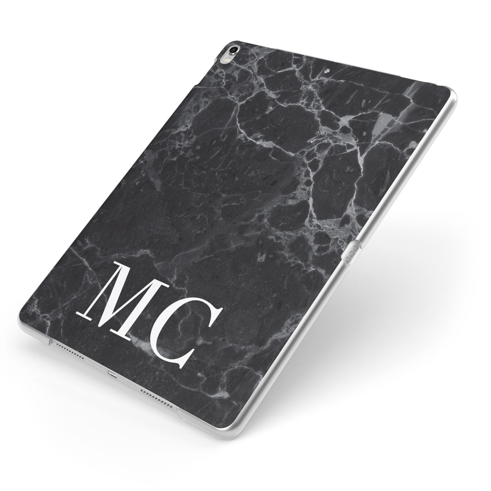 Personalised Monogram Black Marble Apple iPad Case on Silver iPad Side View