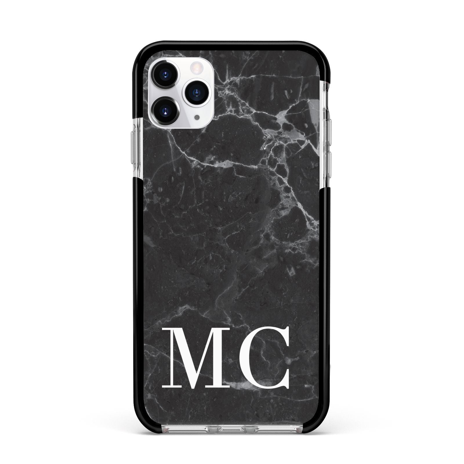 Personalised Monogram Black Marble Apple iPhone 11 Pro Max in Silver with Black Impact Case