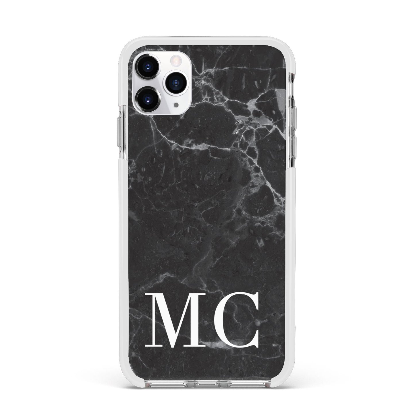 Personalised Monogram Black Marble Apple iPhone 11 Pro Max in Silver with White Impact Case