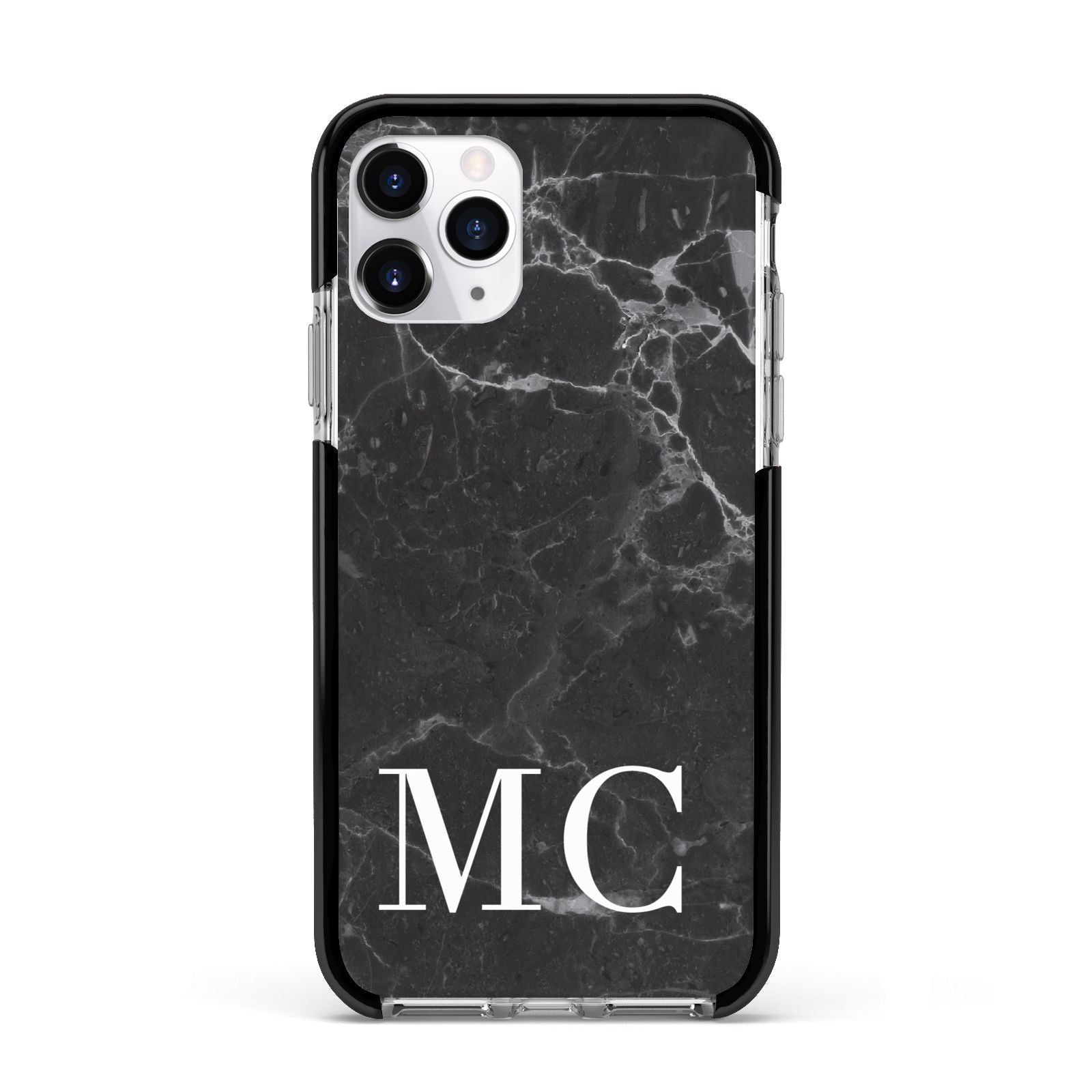 Personalised Monogram Black Marble Apple iPhone 11 Pro in Silver with Black Impact Case