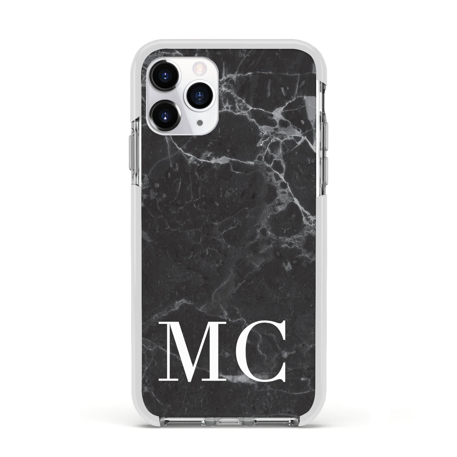 Personalised Monogram Black Marble Apple iPhone 11 Pro in Silver with White Impact Case