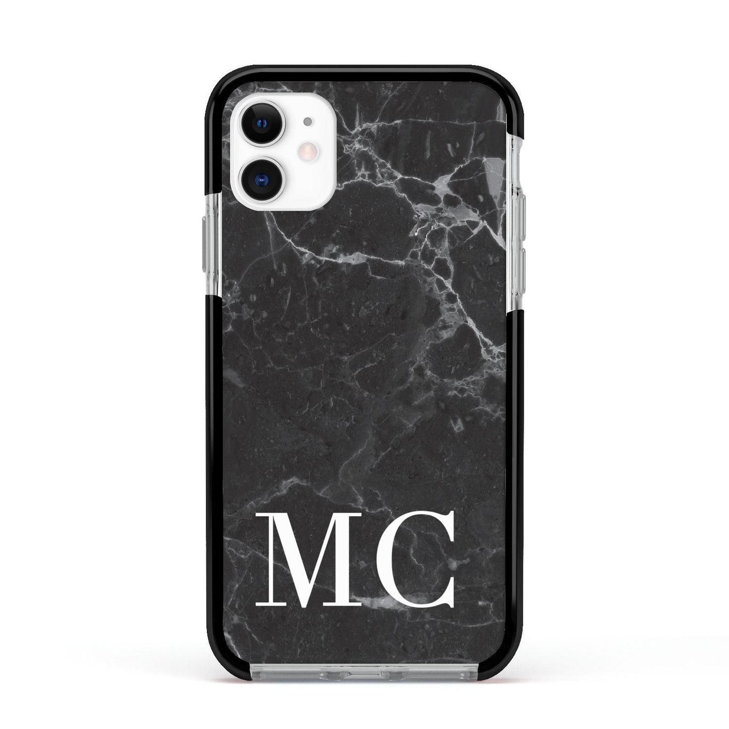Personalised Monogram Black Marble Apple iPhone 11 in White with Black Impact Case