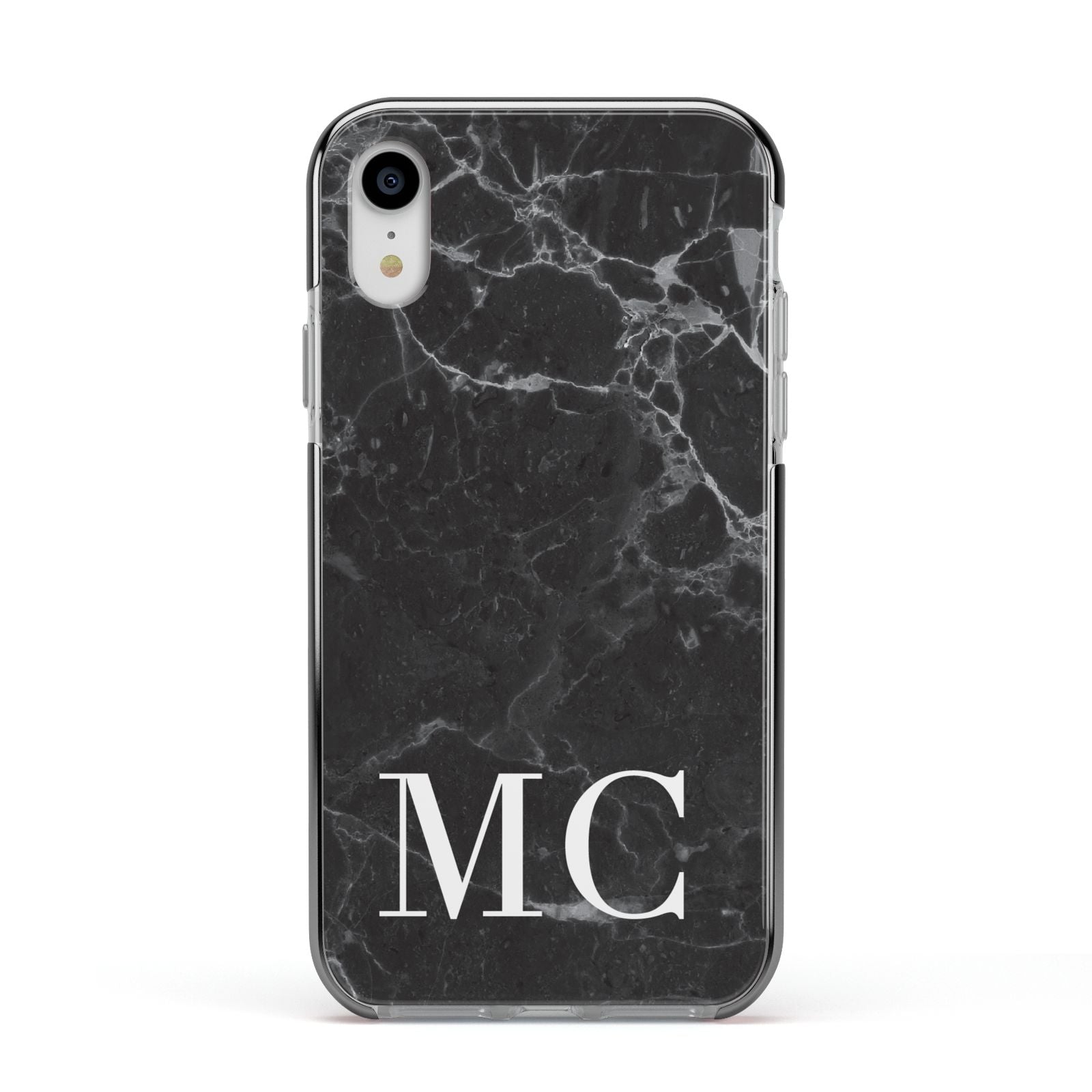 Personalised Monogram Black Marble Apple iPhone XR Impact Case Black Edge on Silver Phone