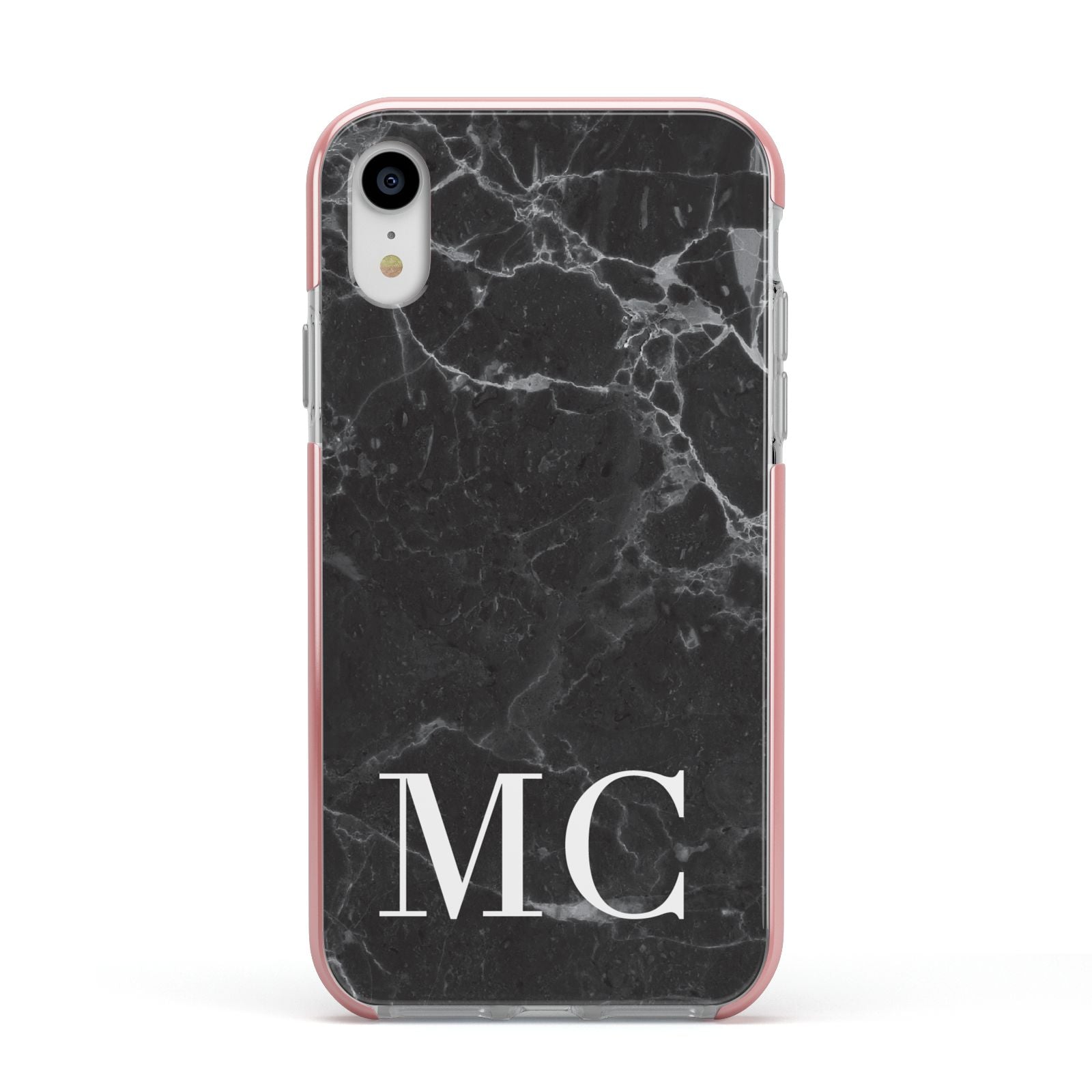 Personalised Monogram Black Marble Apple iPhone XR Impact Case Pink Edge on Silver Phone