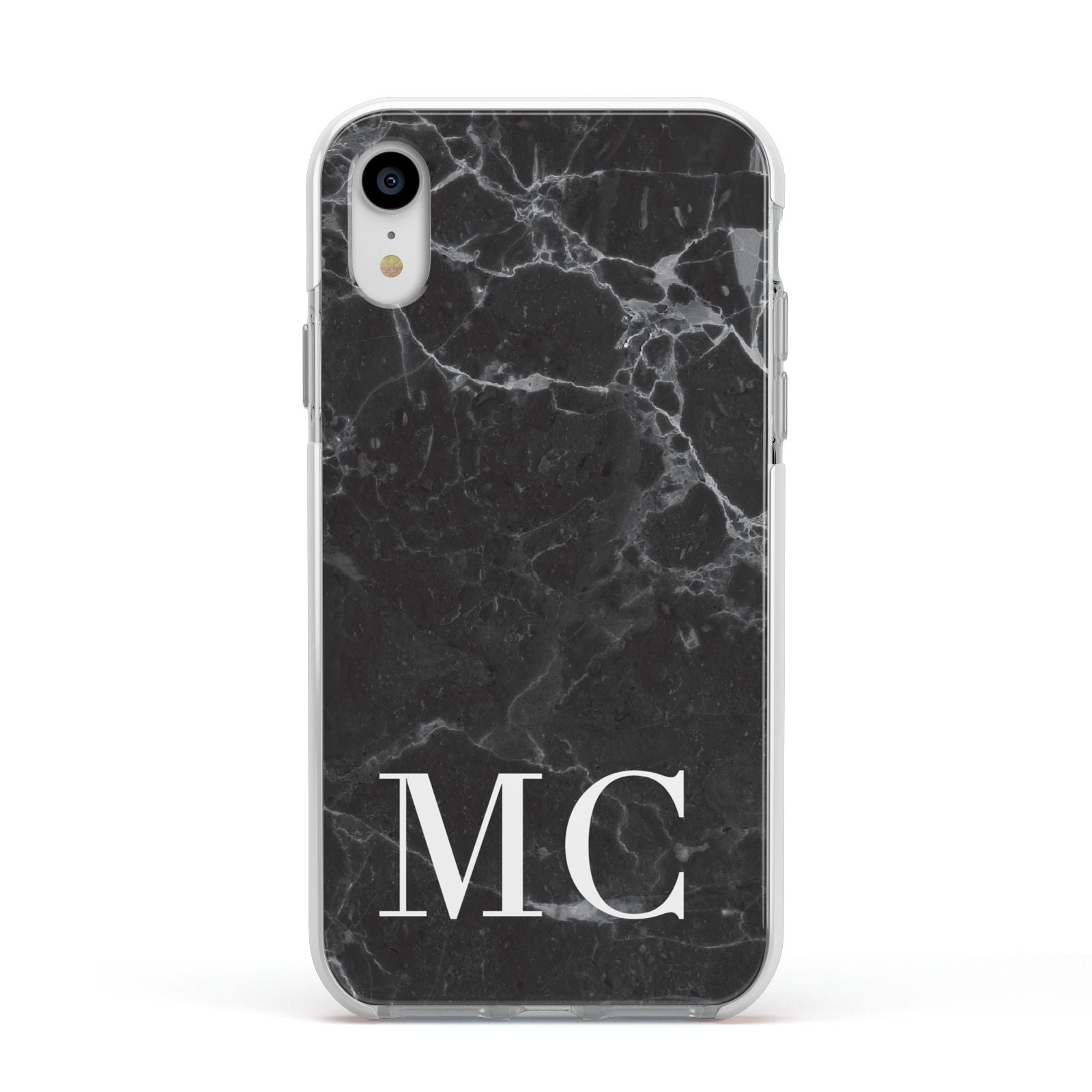 Personalised Monogram Black Marble Apple iPhone XR Impact Case White Edge on Silver Phone