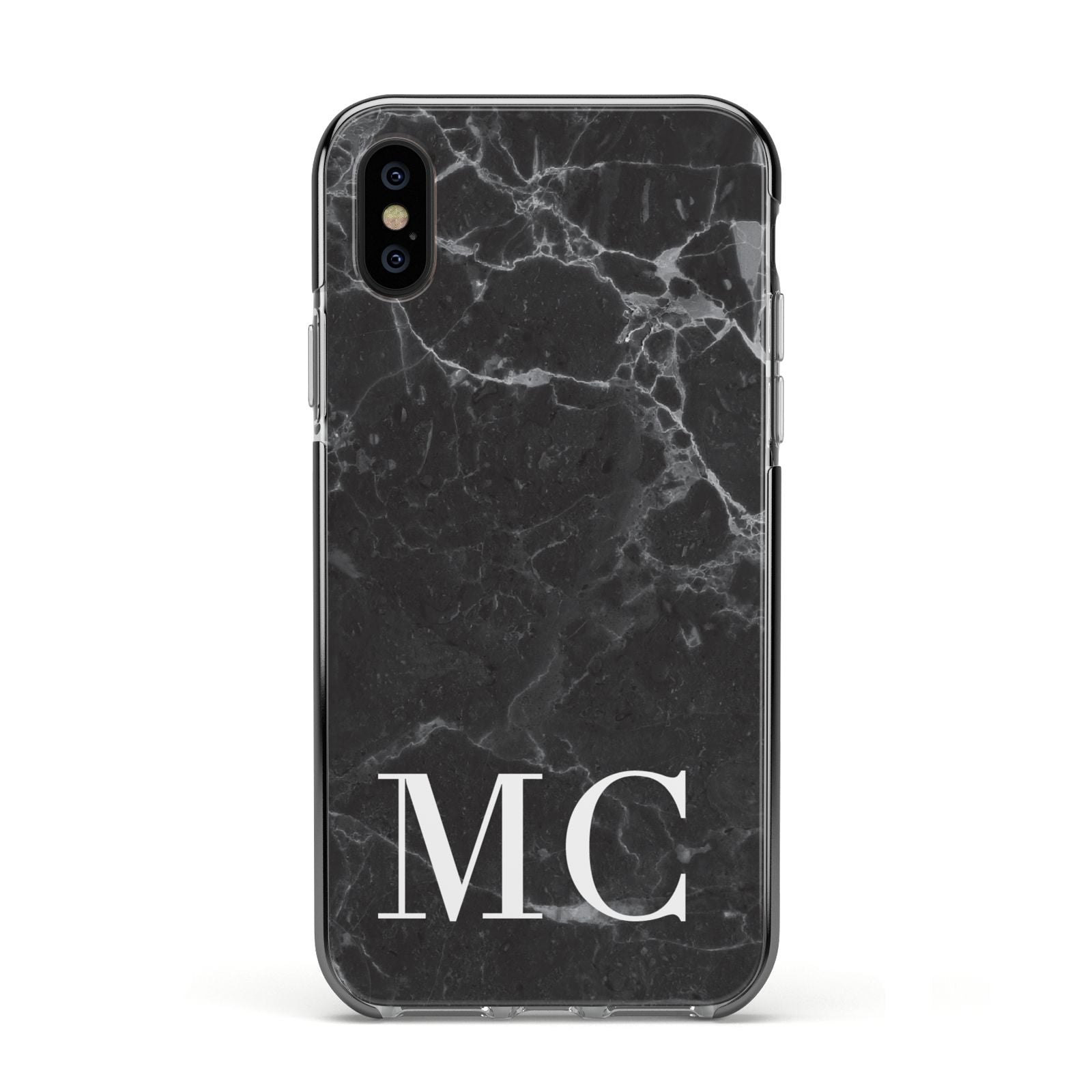 Personalised Monogram Black Marble Apple iPhone Xs Impact Case Black Edge on Black Phone
