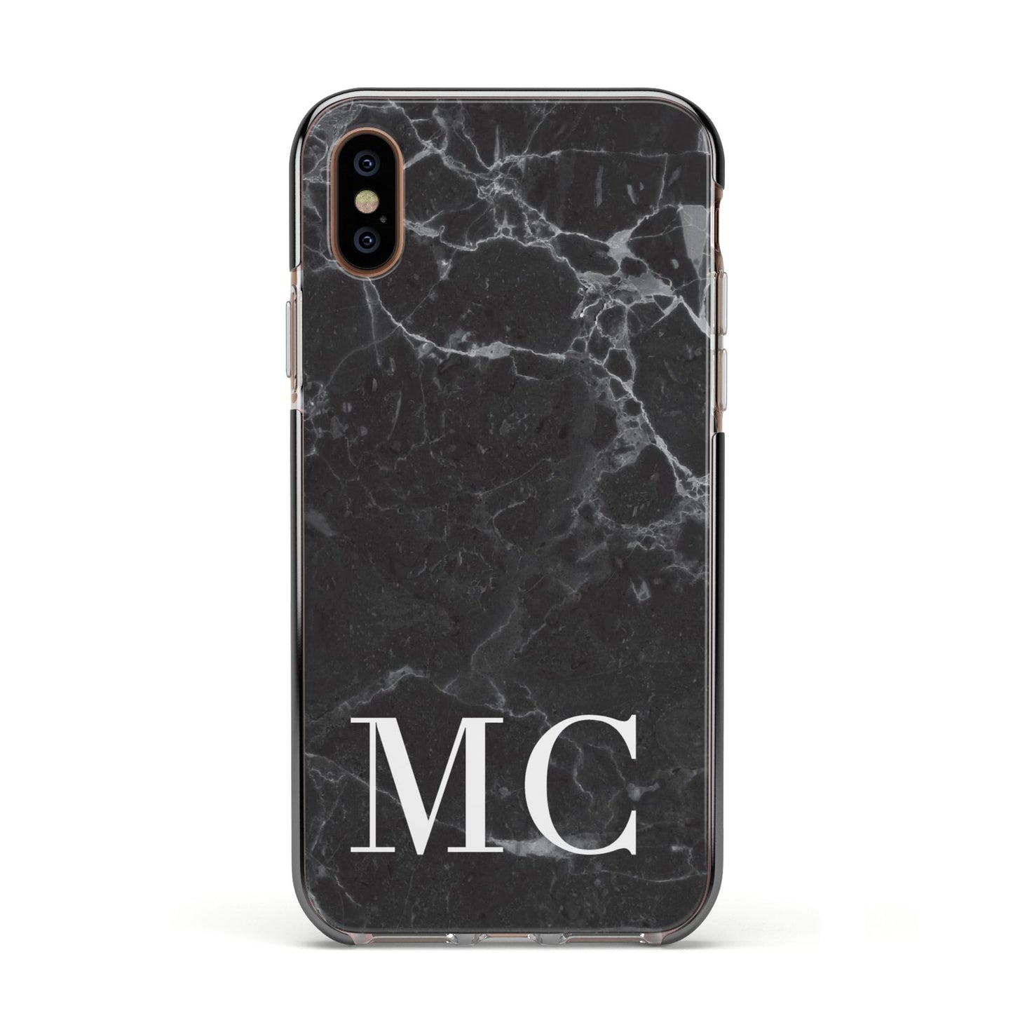 Personalised Monogram Black Marble Apple iPhone Xs Impact Case Black Edge on Gold Phone
