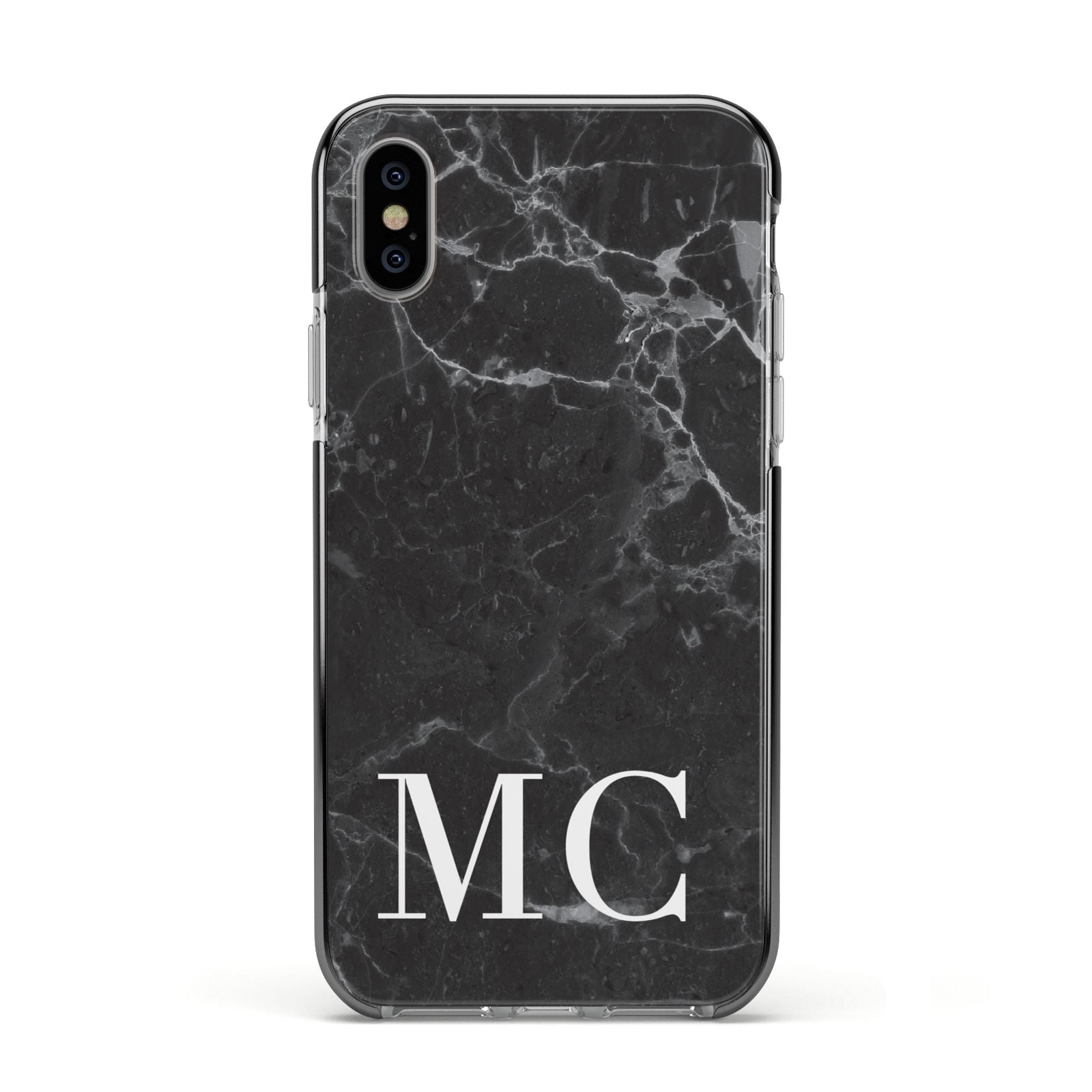 Personalised Monogram Black Marble Apple iPhone Xs Impact Case Black Edge on Silver Phone