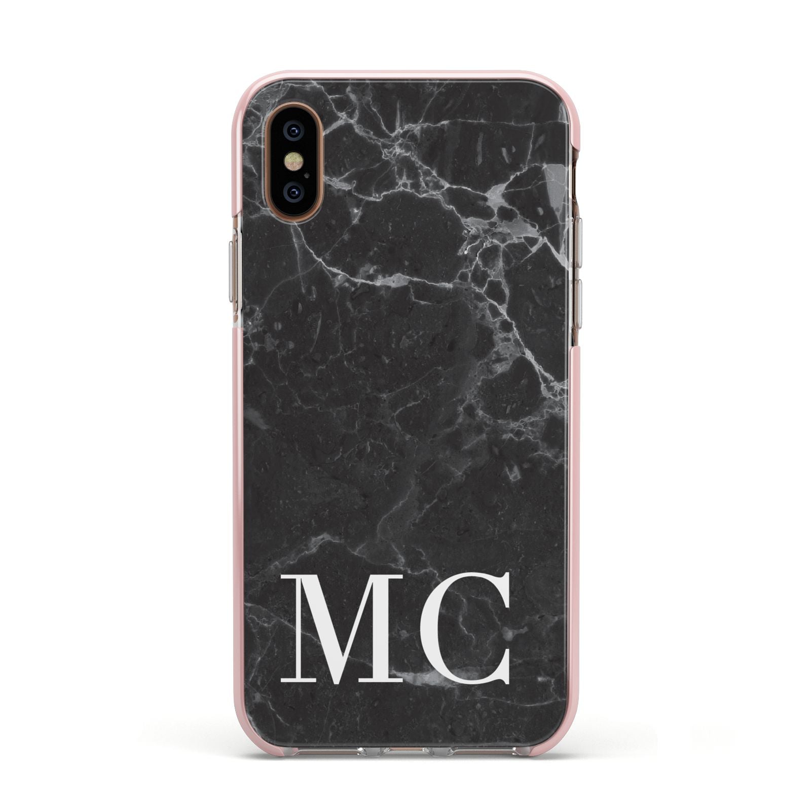 Personalised Monogram Black Marble Apple iPhone Xs Impact Case Pink Edge on Gold Phone