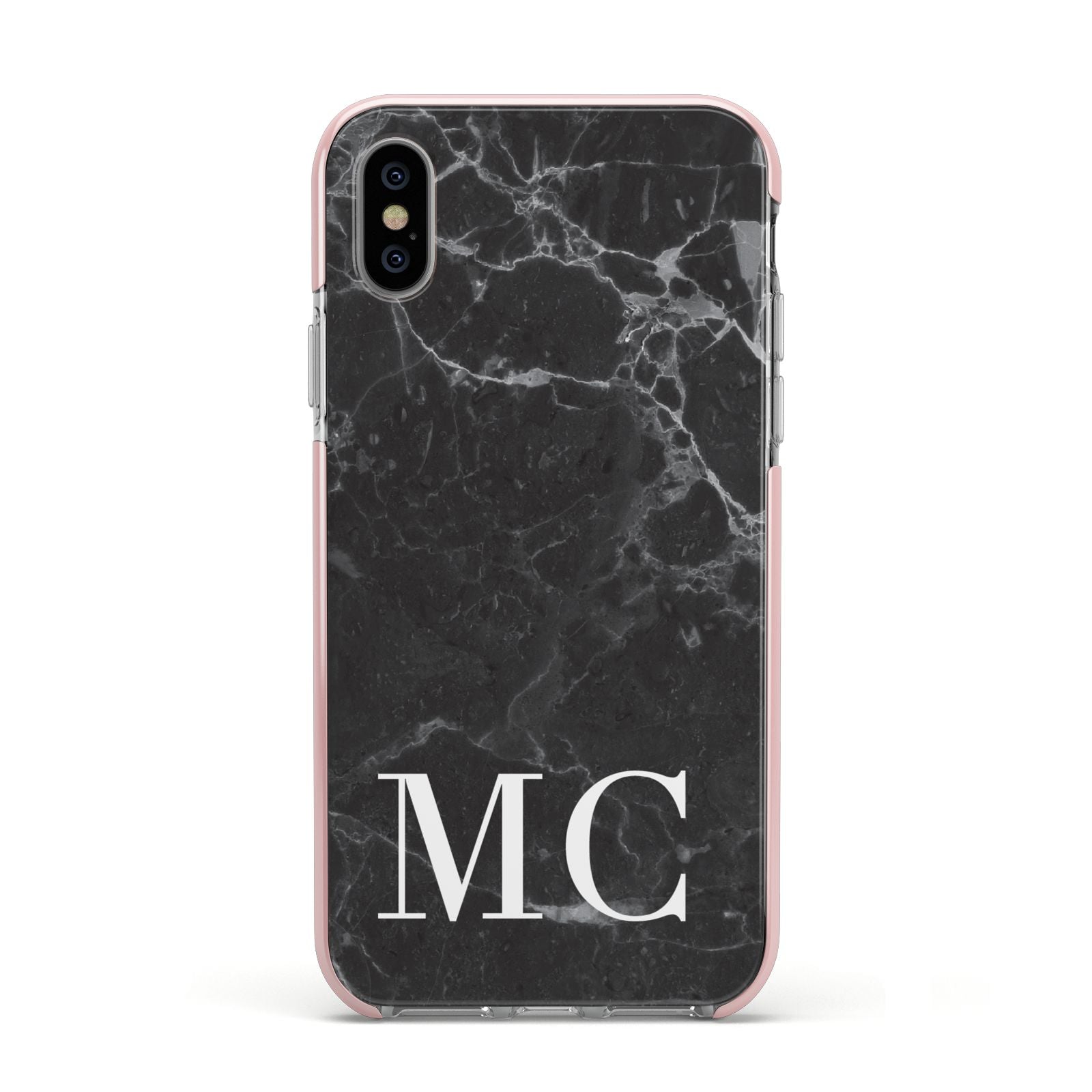 Personalised Monogram Black Marble Apple iPhone Xs Impact Case Pink Edge on Silver Phone