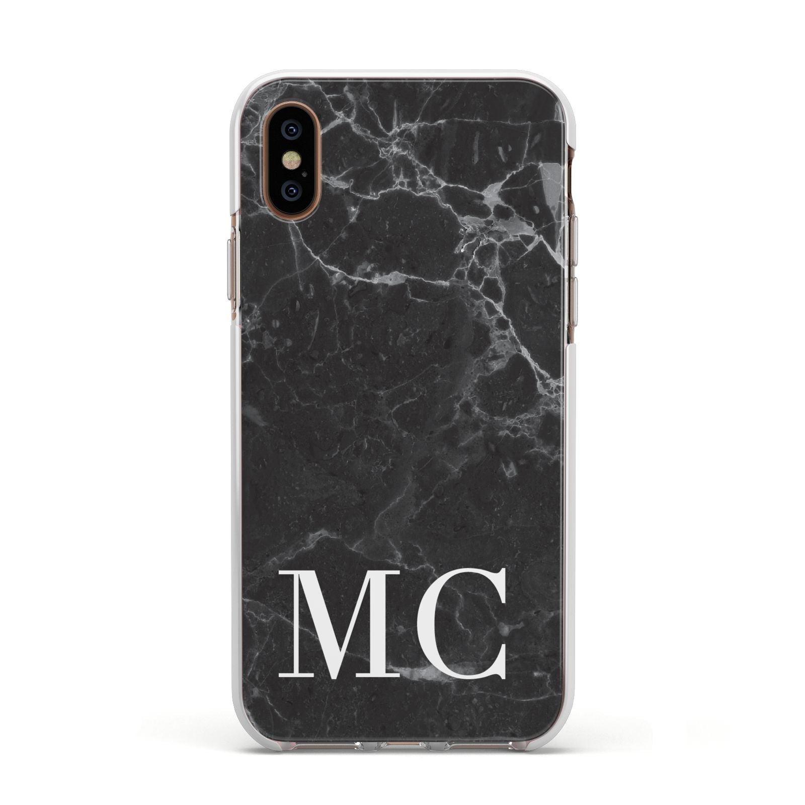 Personalised Monogram Black Marble Apple iPhone Xs Impact Case White Edge on Gold Phone
