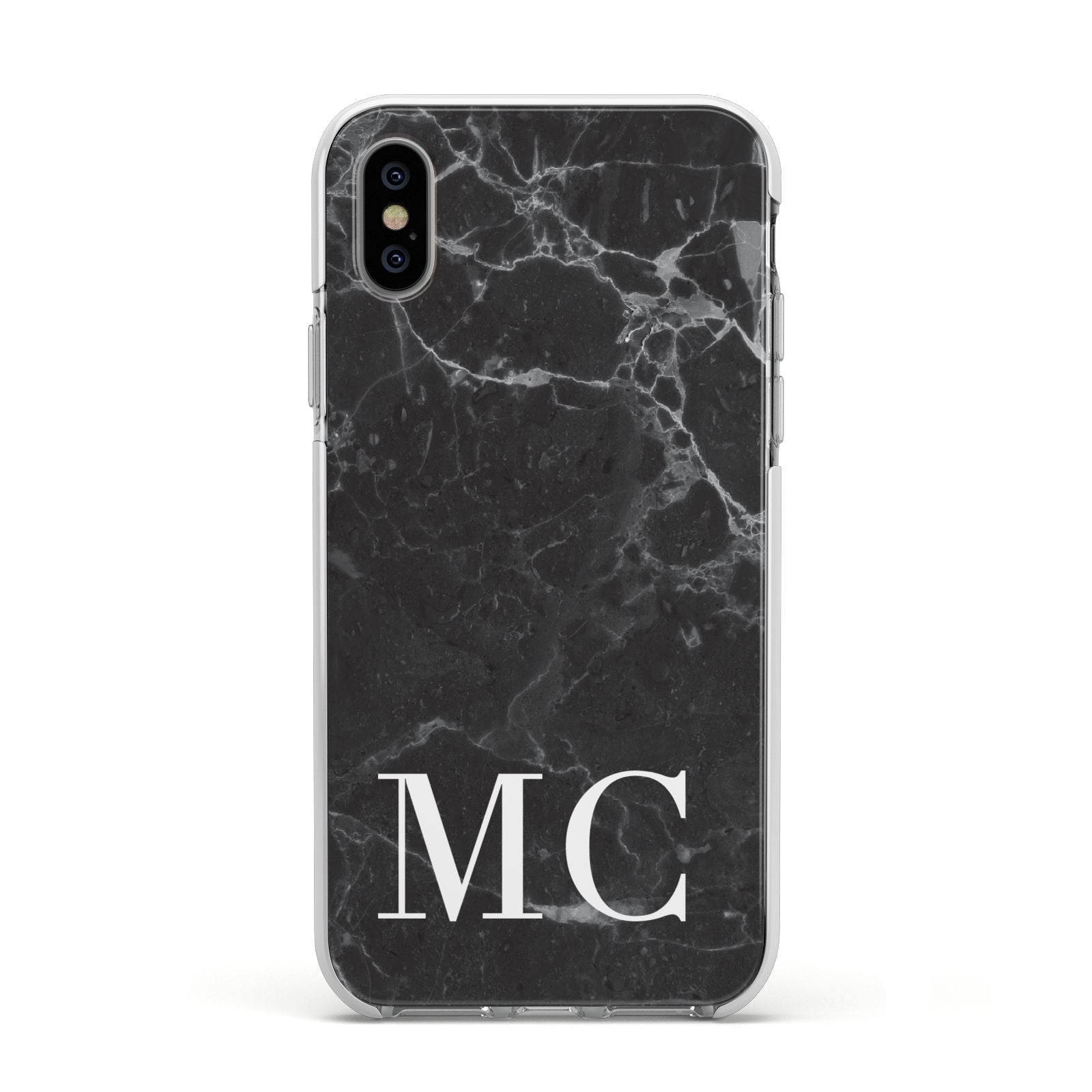 Personalised Monogram Black Marble Apple iPhone Xs Impact Case White Edge on Silver Phone
