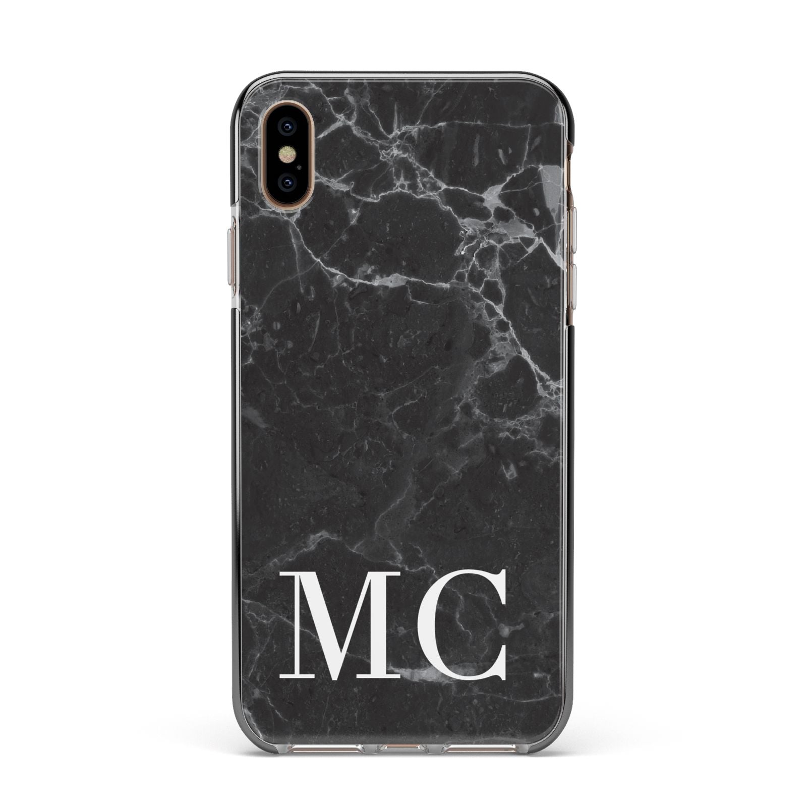 Personalised Monogram Black Marble Apple iPhone Xs Max Impact Case Black Edge on Gold Phone