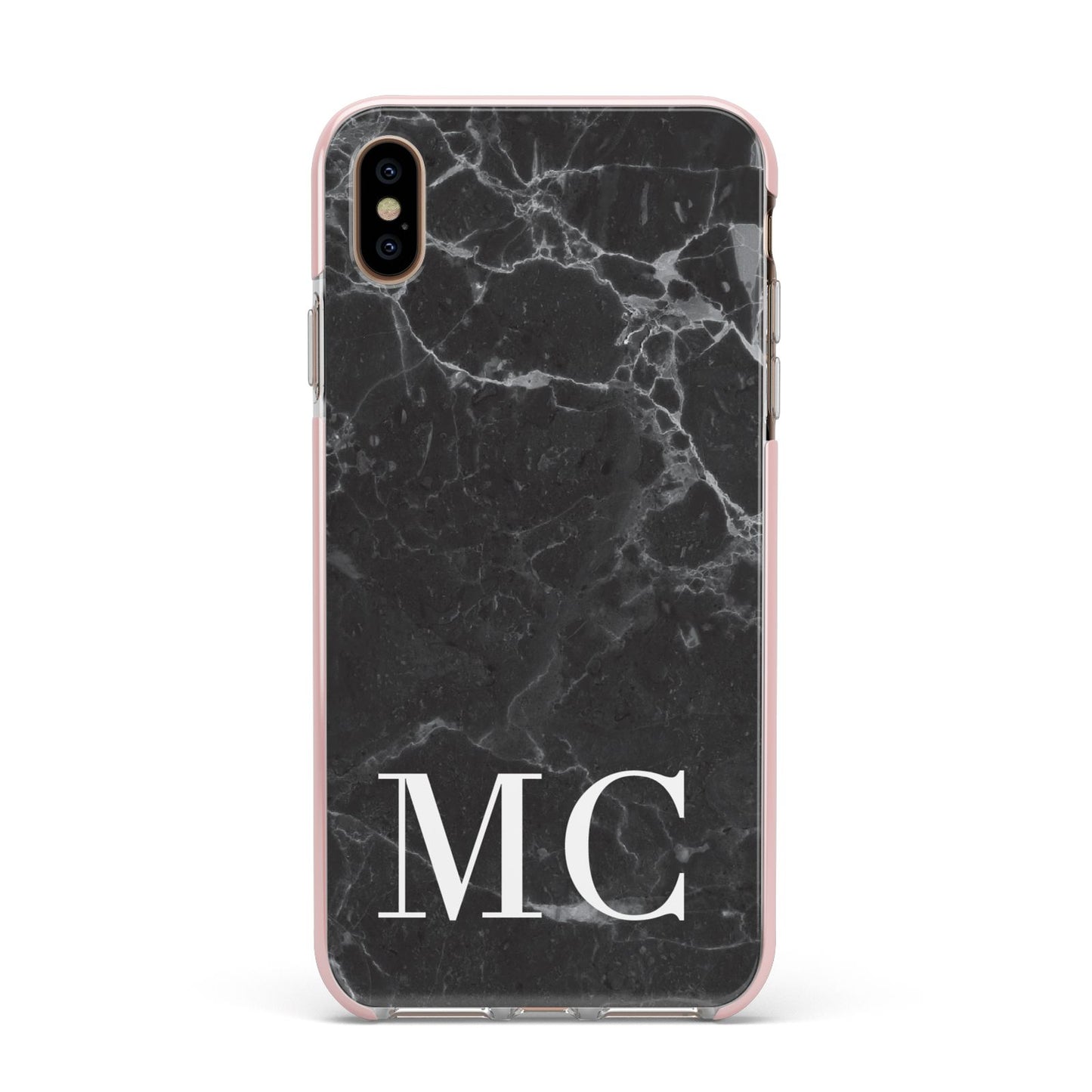 Personalised Monogram Black Marble Apple iPhone Xs Max Impact Case Pink Edge on Gold Phone