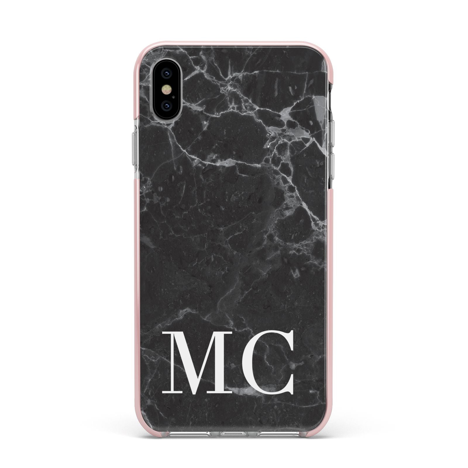 Personalised Monogram Black Marble Apple iPhone Xs Max Impact Case Pink Edge on Silver Phone