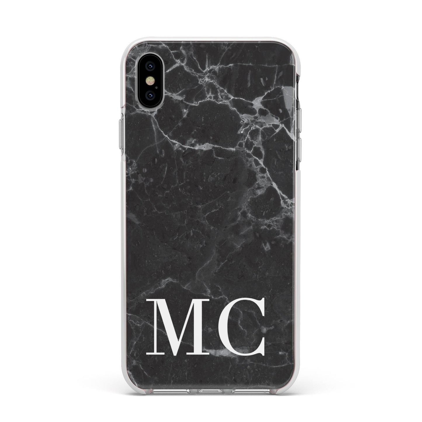 Personalised Monogram Black Marble Apple iPhone Xs Max Impact Case White Edge on Silver Phone