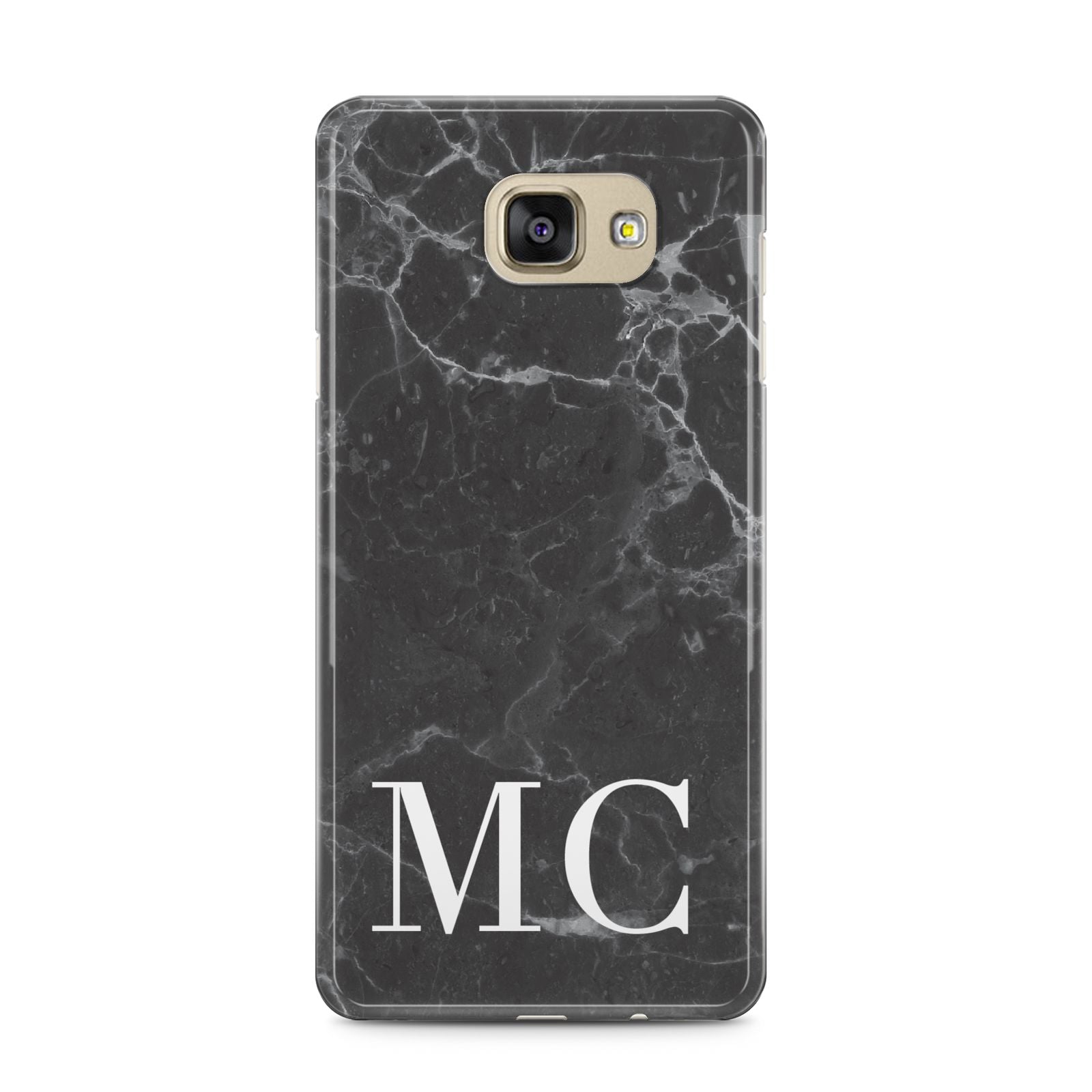 Personalised Monogram Black Marble Samsung Galaxy A5 2016 Case on gold phone