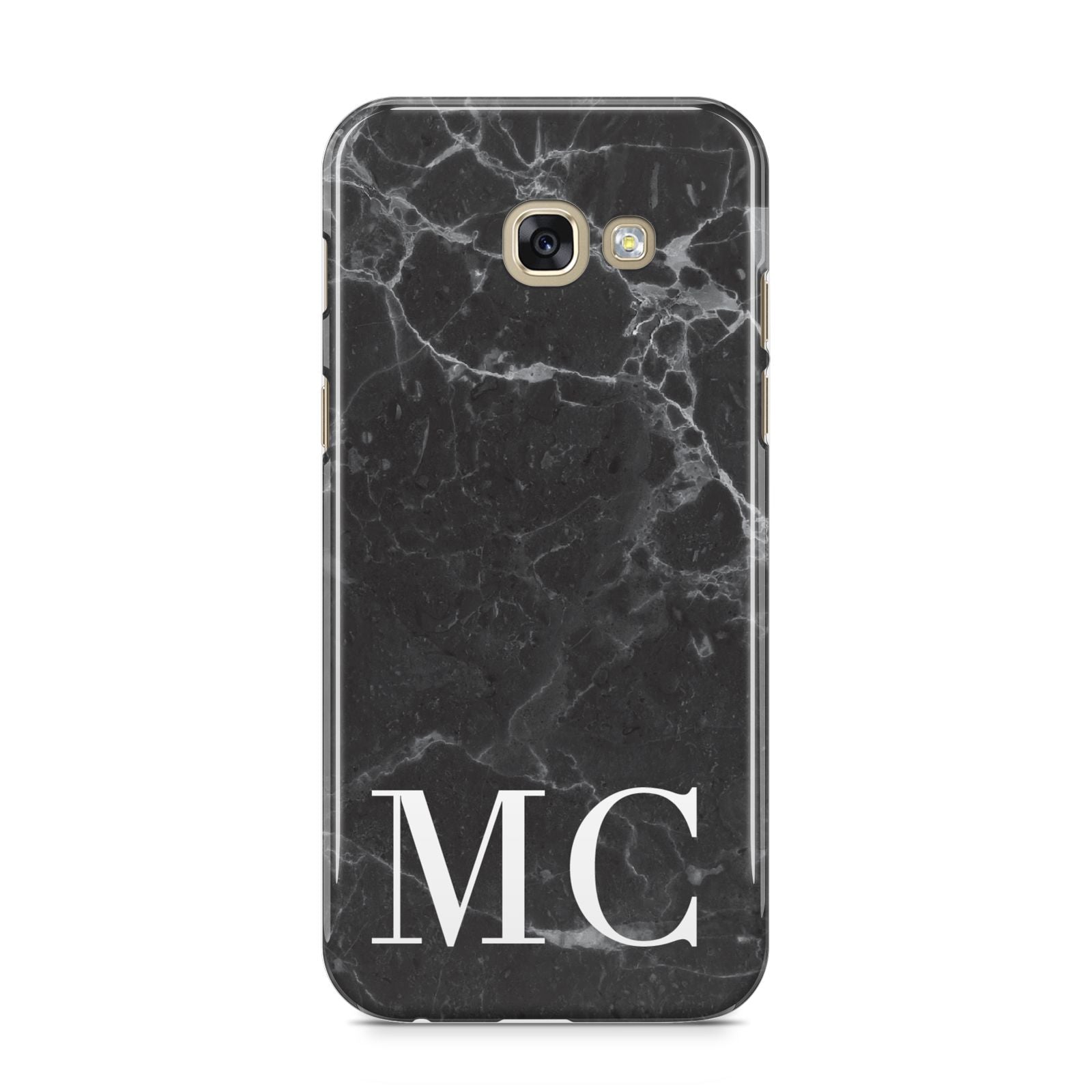 Personalised Monogram Black Marble Samsung Galaxy A5 2017 Case on gold phone