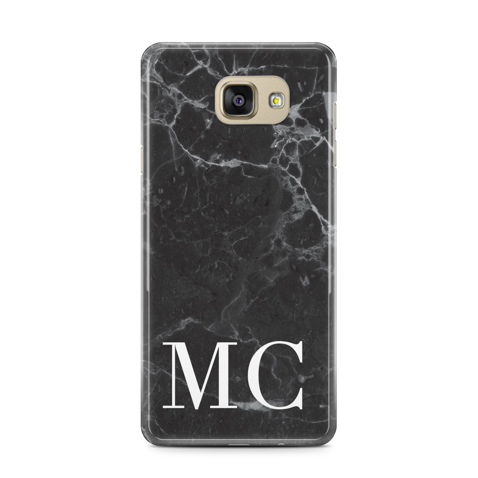 Personalised Monogram Black Marble Samsung Galaxy A7 2016 Case on gold phone