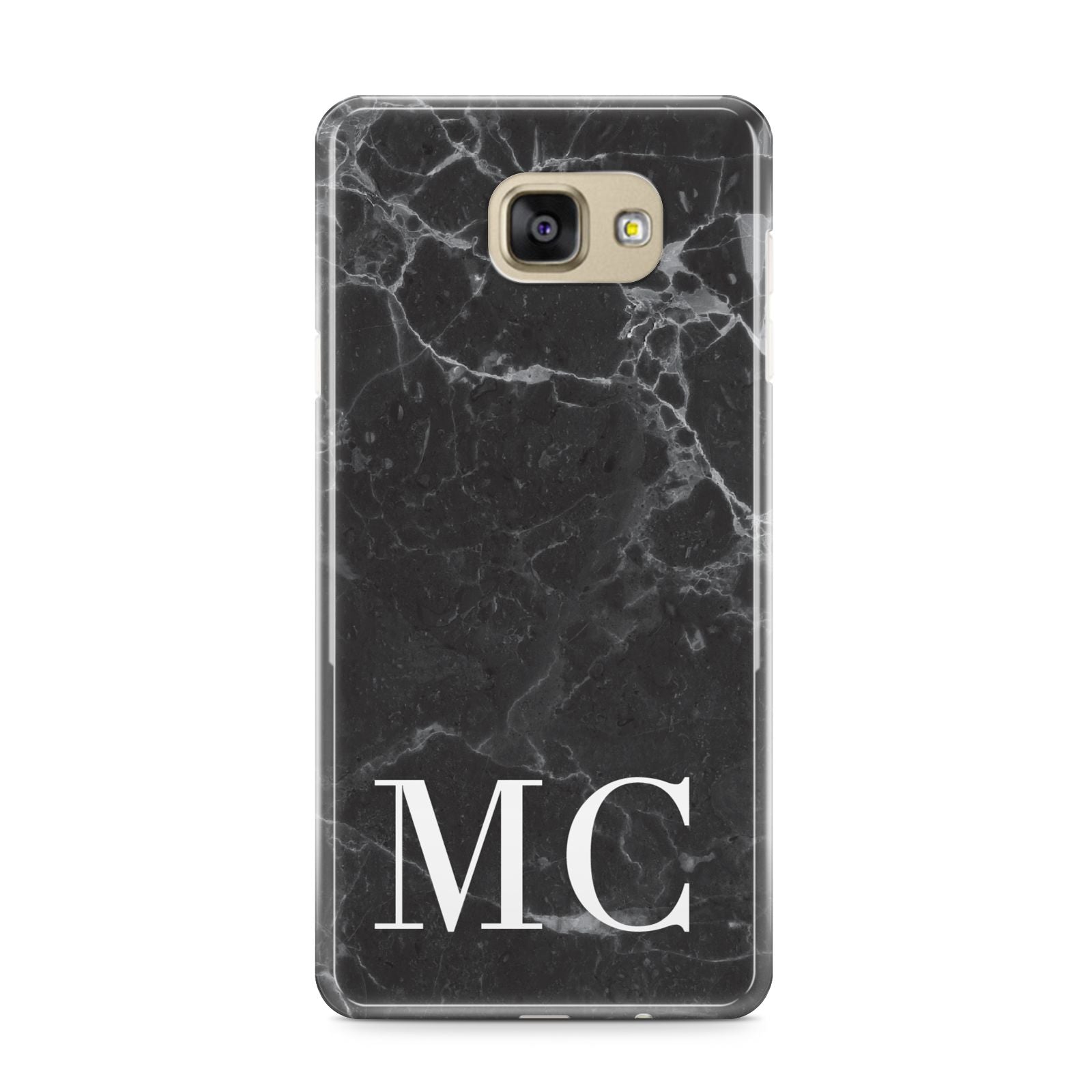 Personalised Monogram Black Marble Samsung Galaxy A9 2016 Case on gold phone