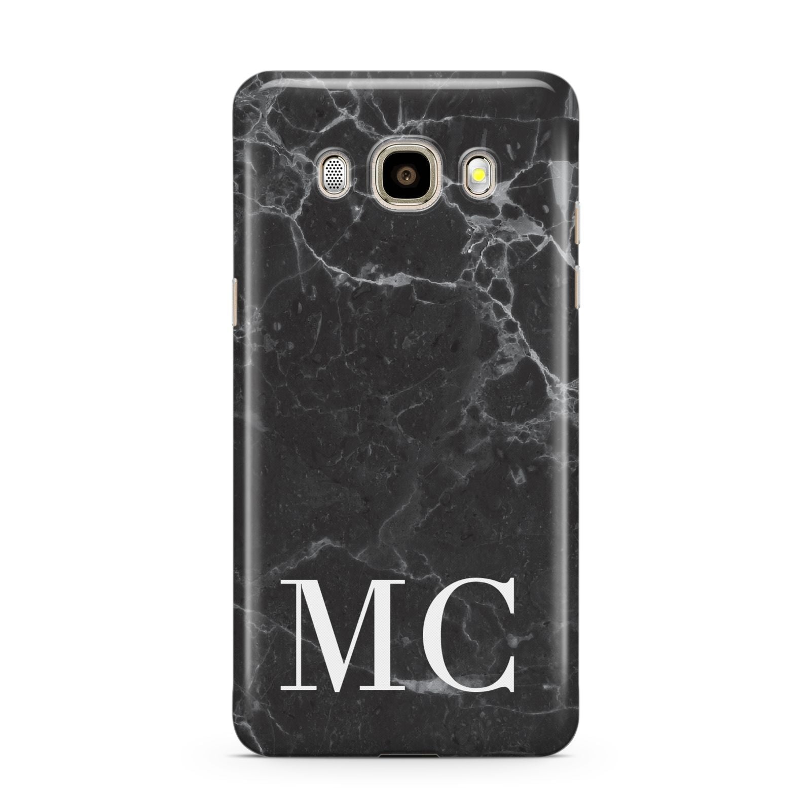 Personalised Monogram Black Marble Samsung Galaxy J7 2016 Case on gold phone