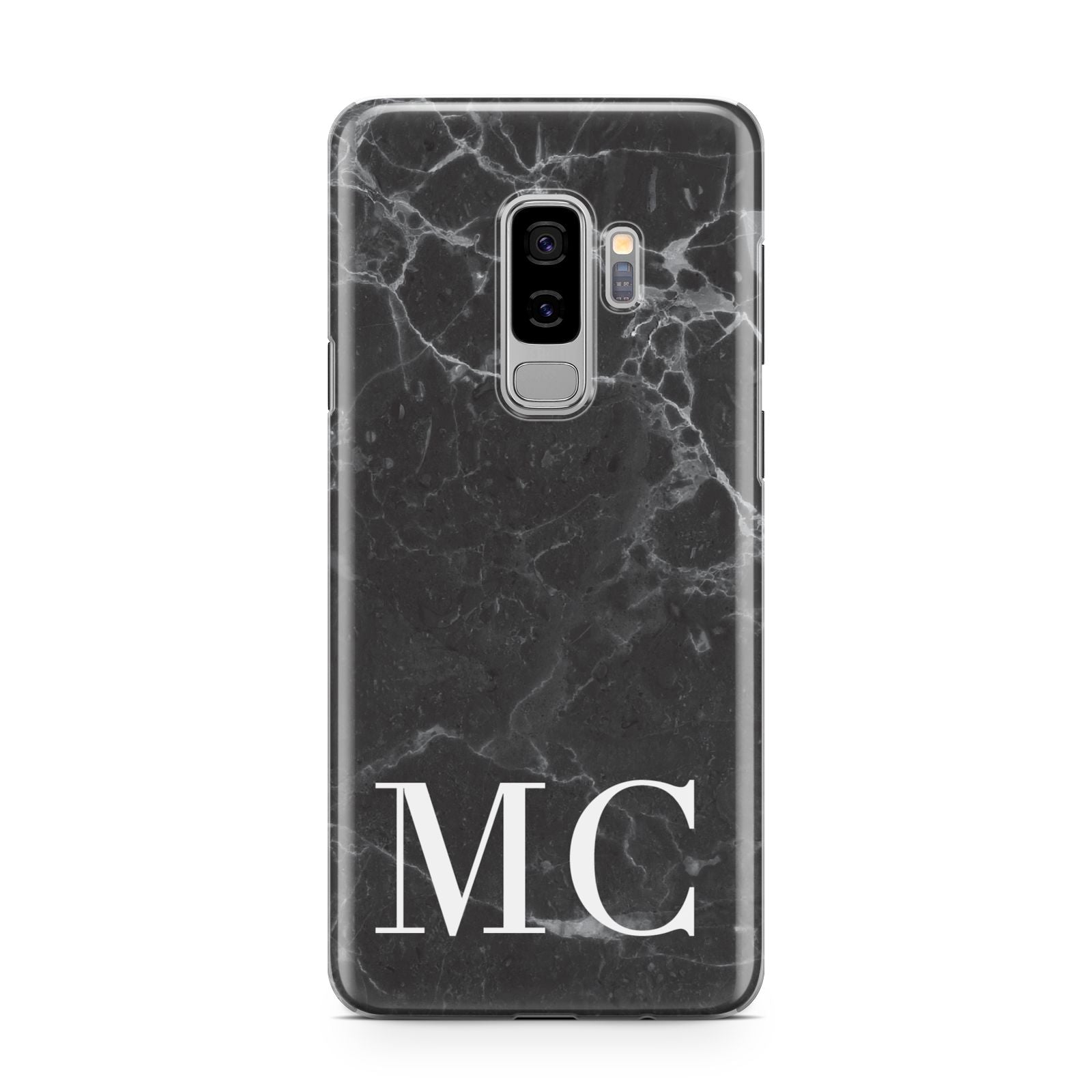 Personalised Monogram Black Marble Samsung Galaxy S9 Plus Case on Silver phone