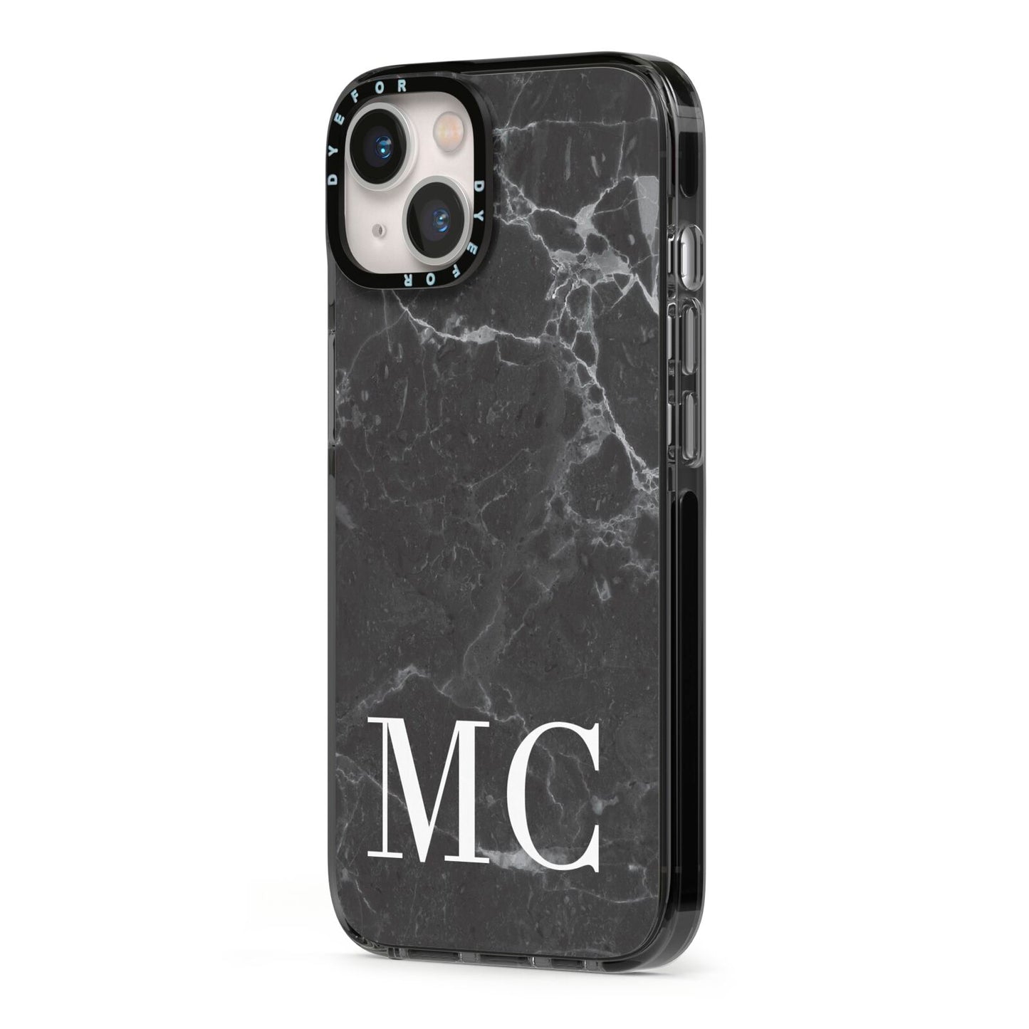 Personalised Monogram Black Marble iPhone 13 Black Impact Case Side Angle on Silver phone