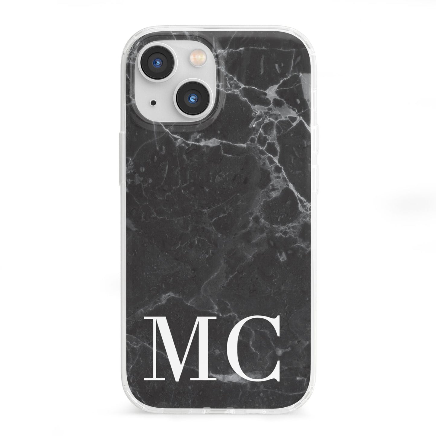 Personalised Monogram Black Marble iPhone 13 Mini Clear Bumper Case