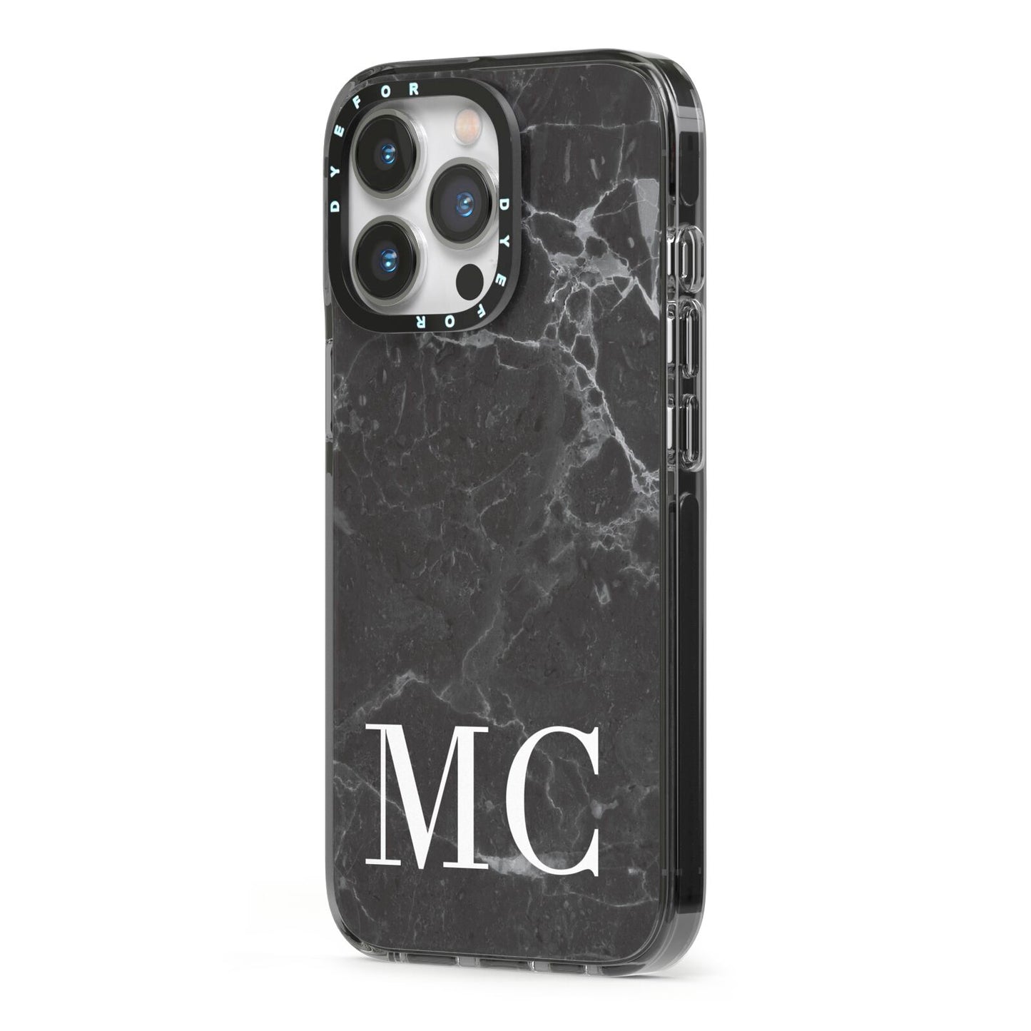 Personalised Monogram Black Marble iPhone 13 Pro Black Impact Case Side Angle on Silver phone