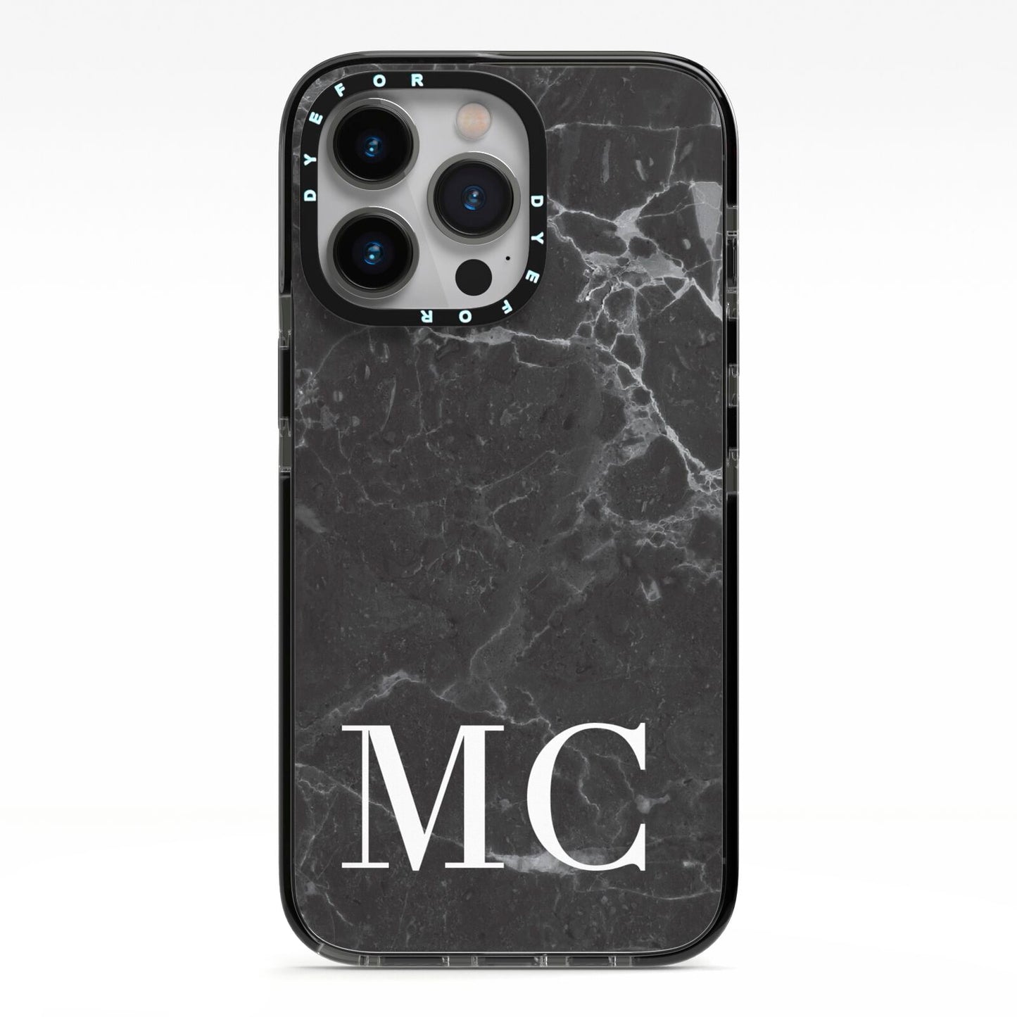 Personalised Monogram Black Marble iPhone 13 Pro Black Impact Case on Silver phone