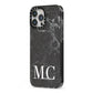 Personalised Monogram Black Marble iPhone 13 Pro Max Black Impact Case Side Angle on Silver phone