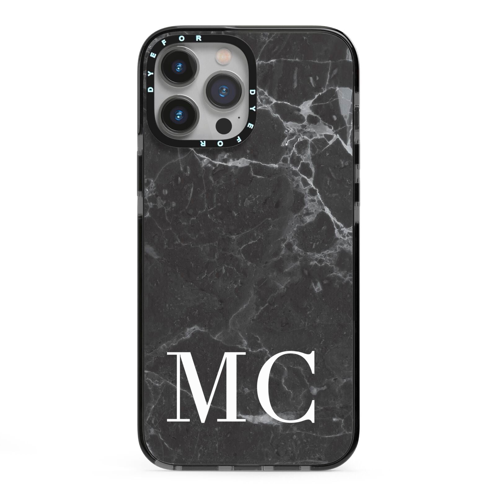 Personalised Monogram Black Marble iPhone 13 Pro Max Black Impact Case on Silver phone
