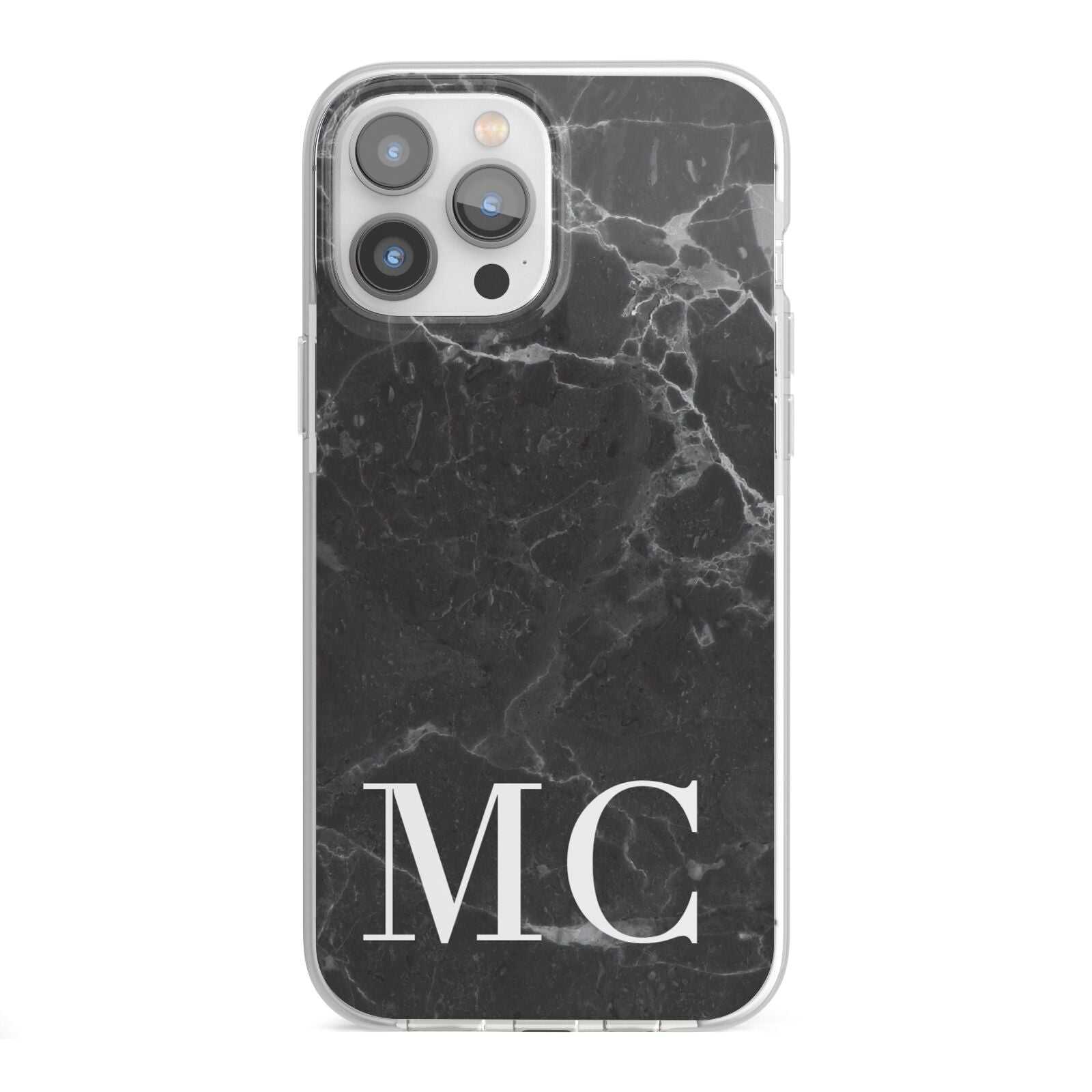 Personalised Monogram Black Marble iPhone 13 Pro Max TPU Impact Case with White Edges