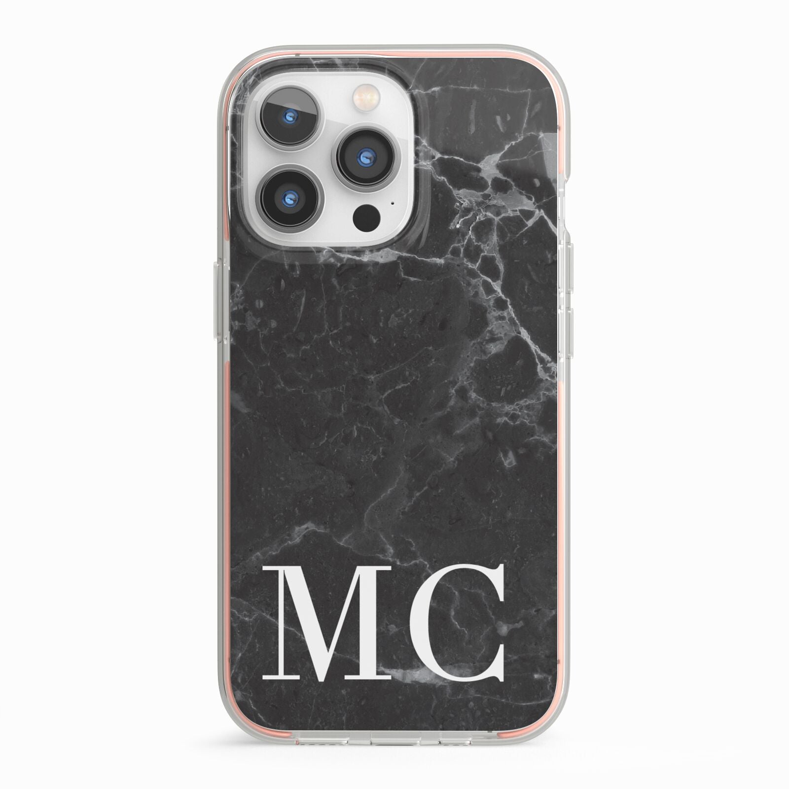 Personalised Monogram Black Marble iPhone 13 Pro TPU Impact Case with Pink Edges