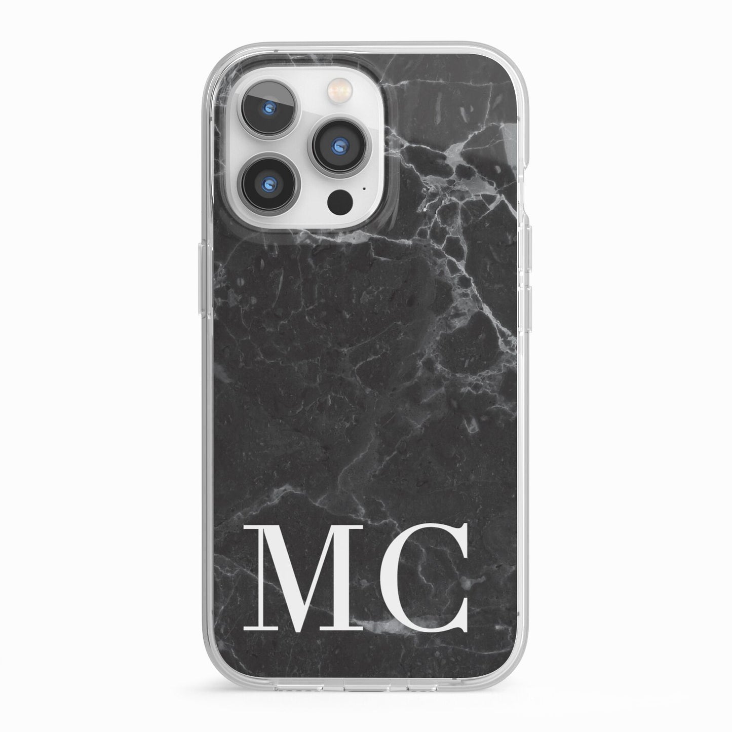 Personalised Monogram Black Marble iPhone 13 Pro TPU Impact Case with White Edges
