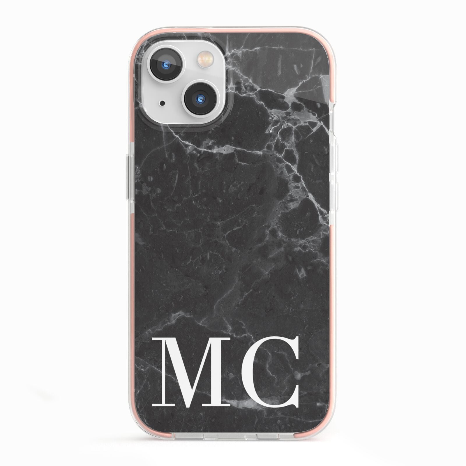 Personalised Monogram Black Marble iPhone 13 TPU Impact Case with Pink Edges