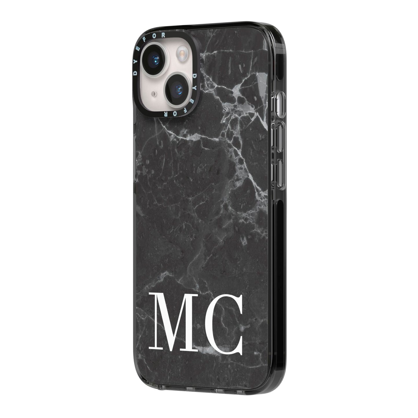 Personalised Monogram Black Marble iPhone 14 Black Impact Case Side Angle on Silver phone