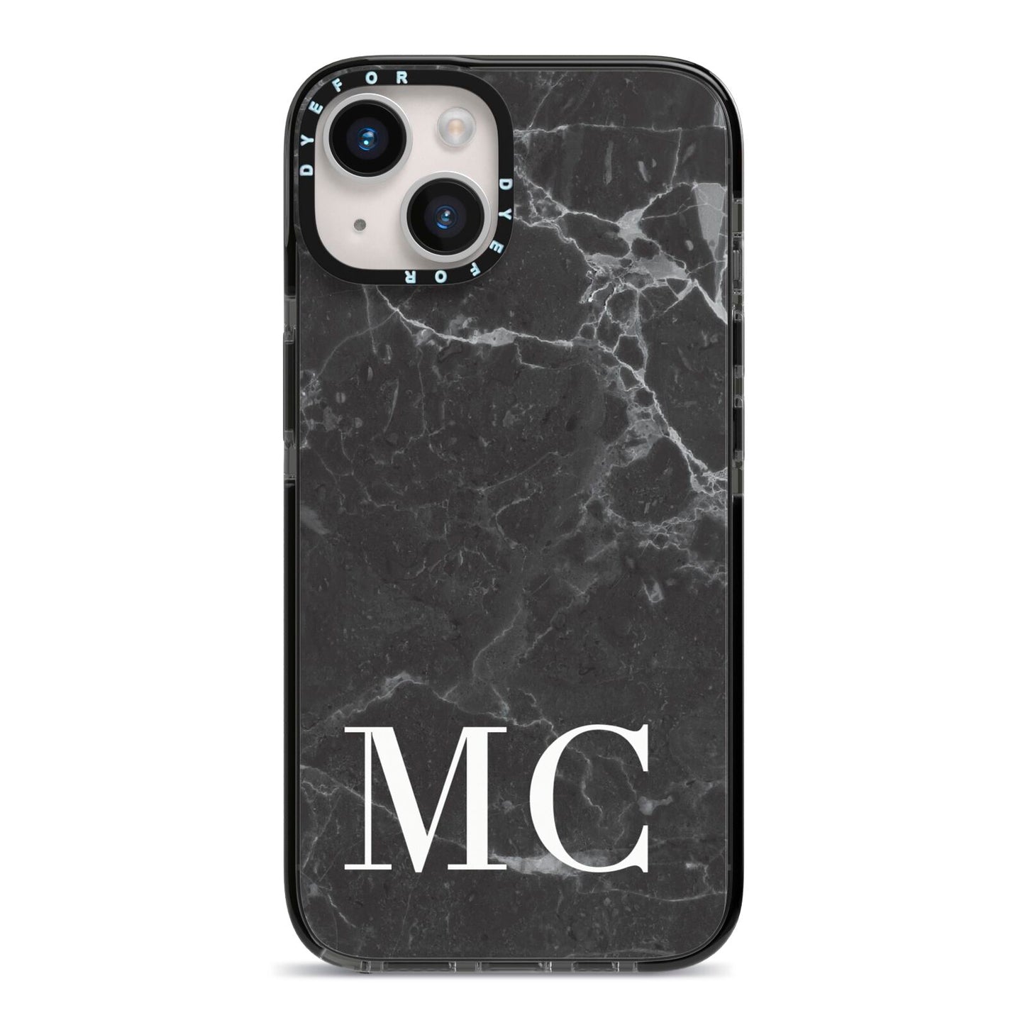 Personalised Monogram Black Marble iPhone 14 Black Impact Case on Silver phone