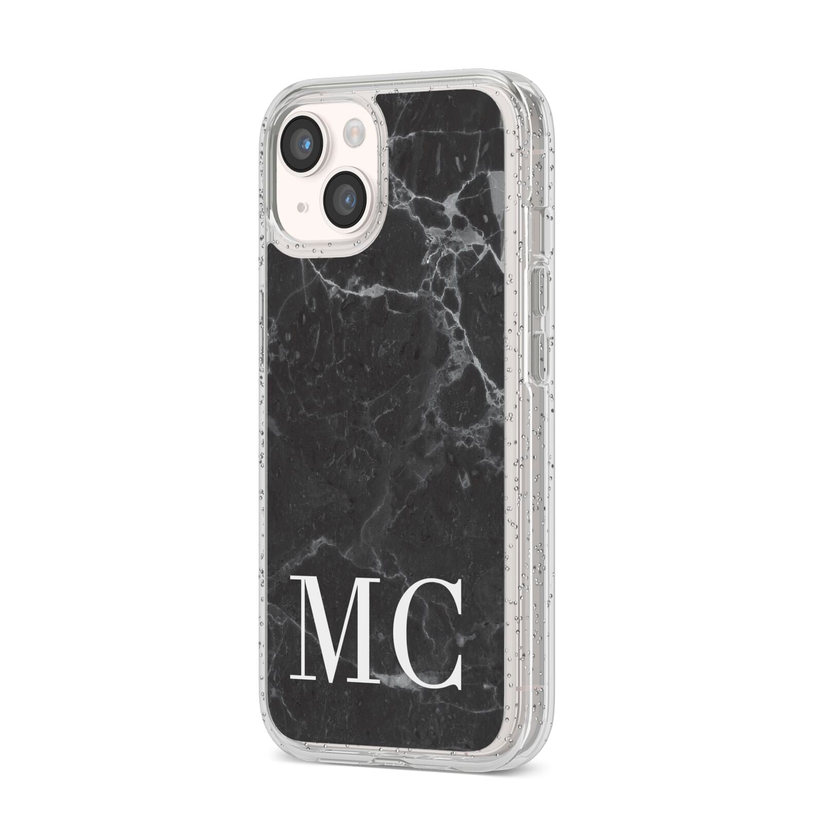 Personalised Monogram Black Marble iPhone 14 Glitter Tough Case Starlight Angled Image