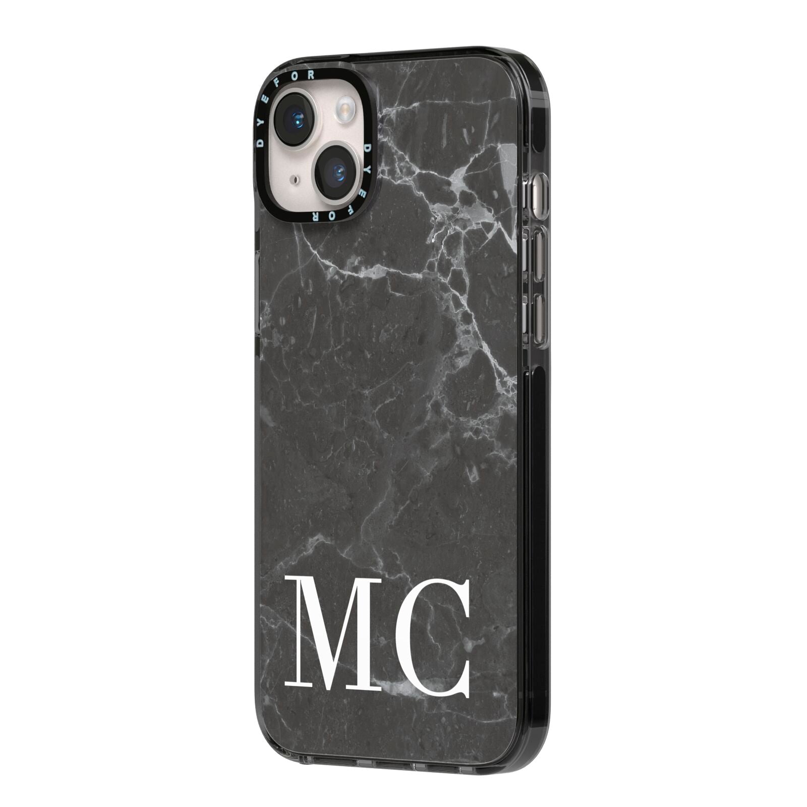 Personalised Monogram Black Marble iPhone 14 Plus Black Impact Case Side Angle on Silver phone