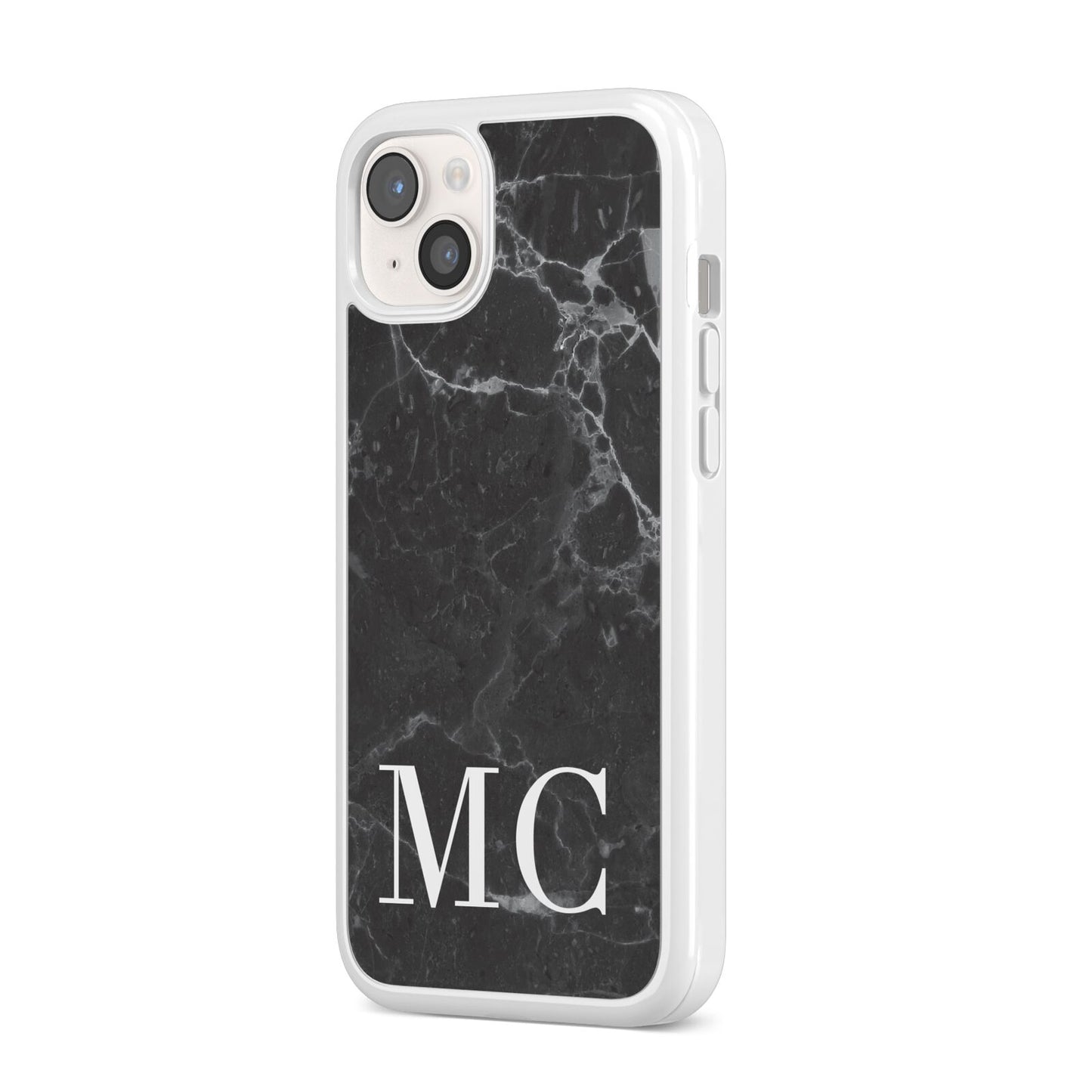 Personalised Monogram Black Marble iPhone 14 Plus Clear Tough Case Starlight Angled Image