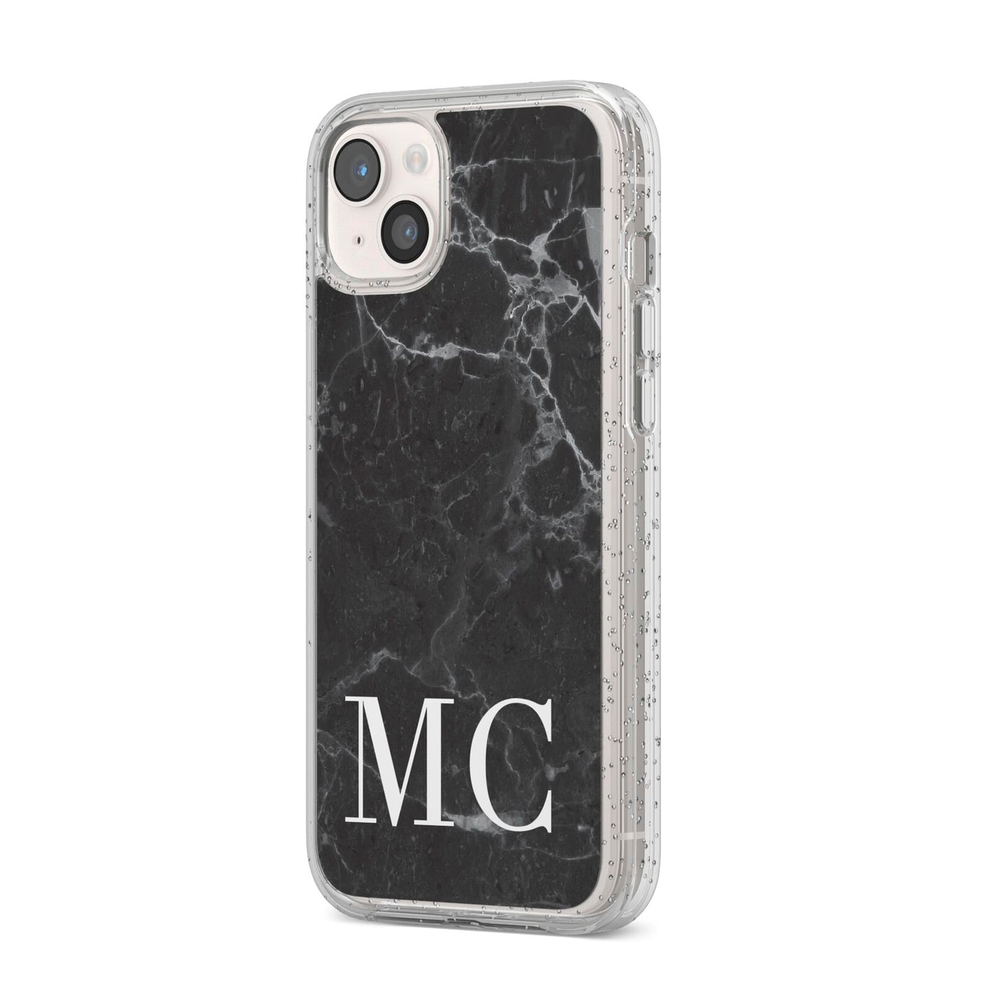 Personalised Monogram Black Marble iPhone 14 Plus Glitter Tough Case Starlight Angled Image