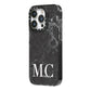 Personalised Monogram Black Marble iPhone 14 Pro Black Impact Case Side Angle on Silver phone
