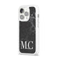 Personalised Monogram Black Marble iPhone 14 Pro Clear Tough Case Silver Angled Image
