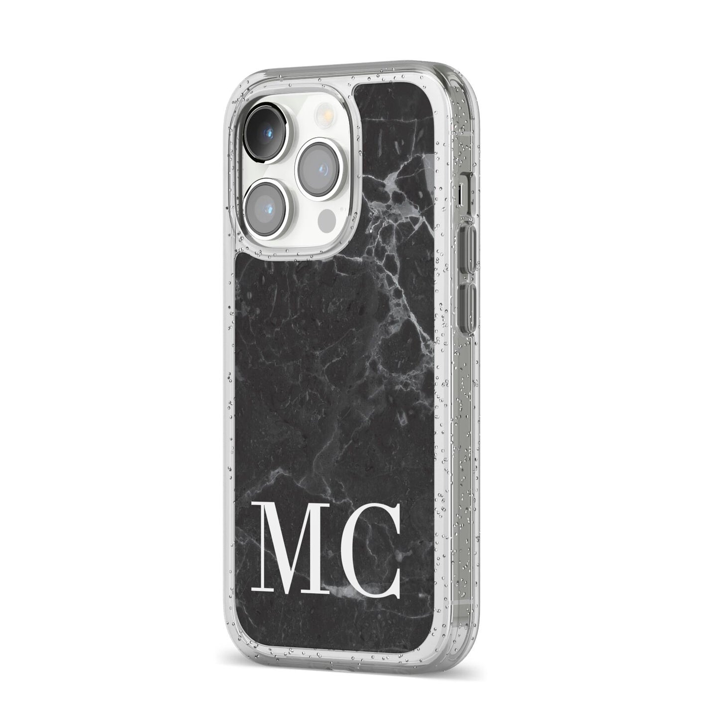 Personalised Monogram Black Marble iPhone 14 Pro Glitter Tough Case Silver Angled Image