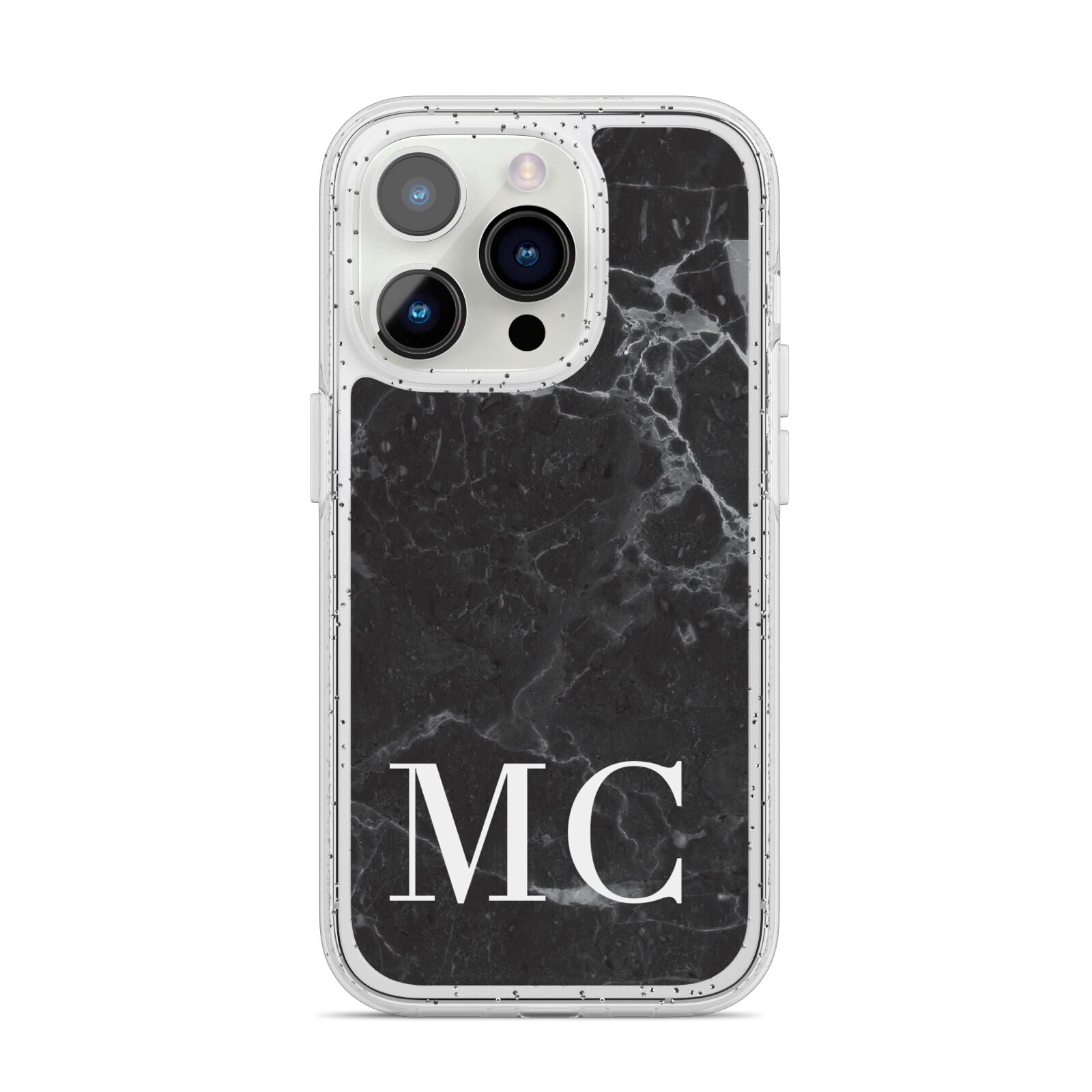 Personalised Monogram Black Marble iPhone 14 Pro Glitter Tough Case Silver